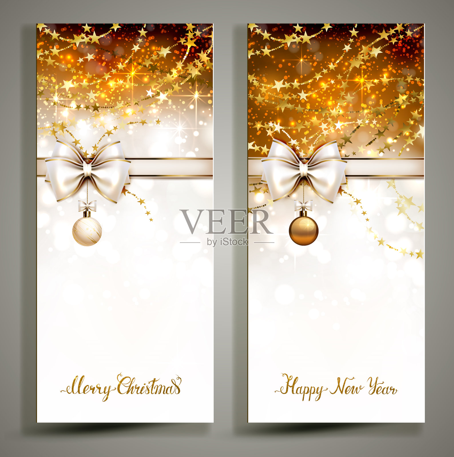 两张带蝴蝶结的金色圣诞贺卡。设计模板素材