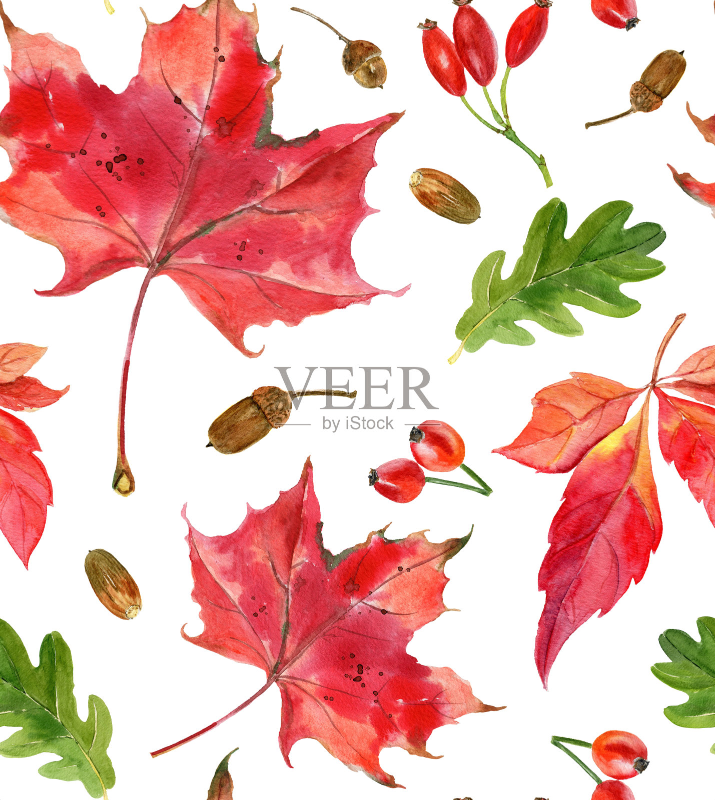 手绘水彩秋叶图案。无缝的背景插画图片素材