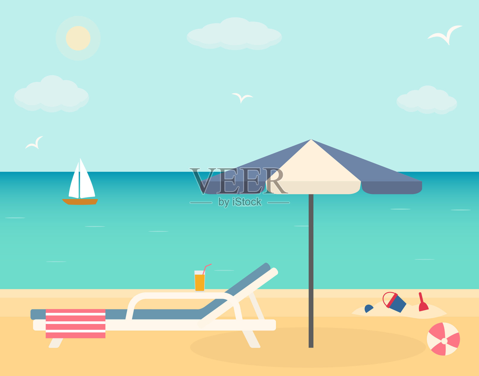 沙滩上带伞的沙滩椅。插画图片素材