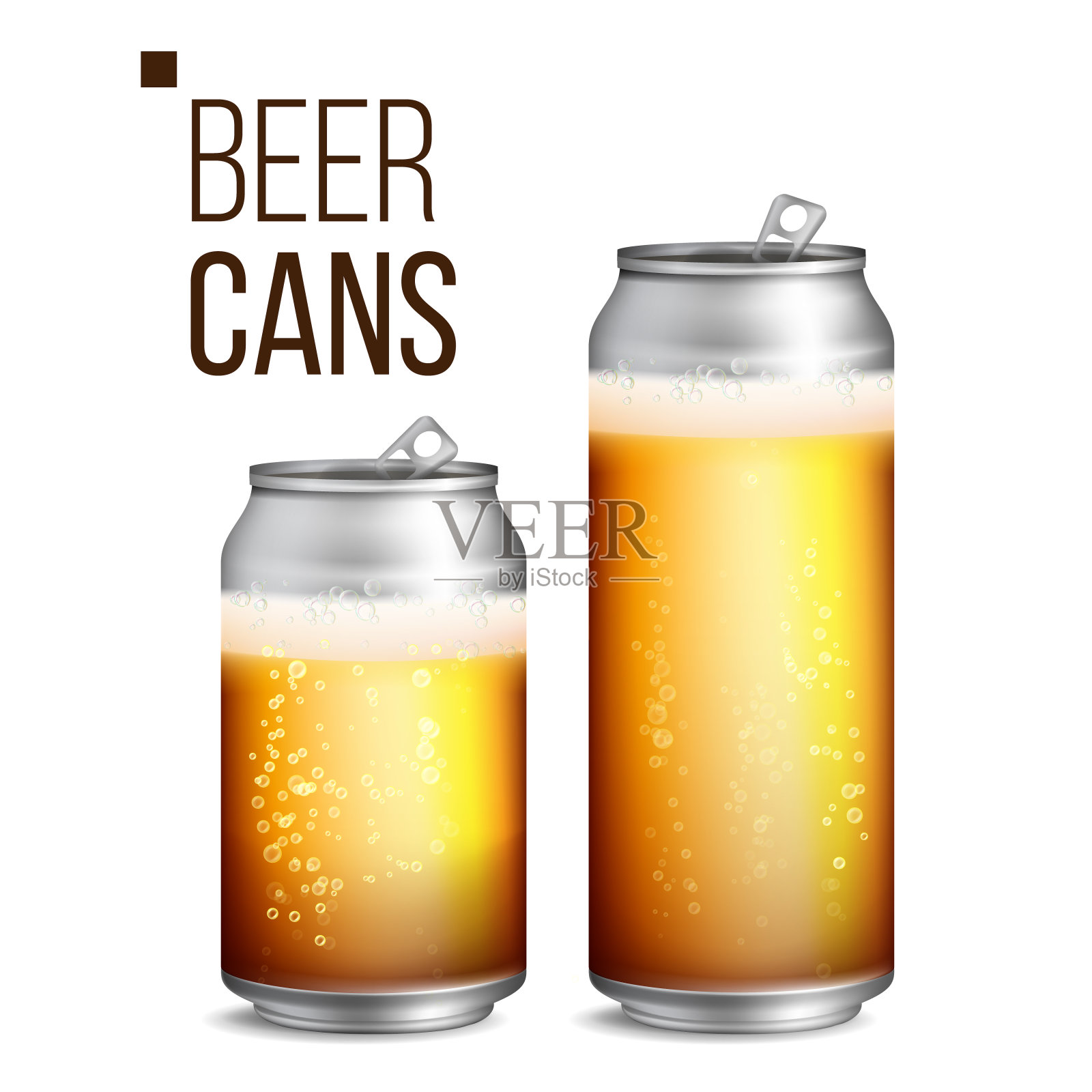 啤酒罐向量。500和330毫升可以空白。啤酒背景纹理与泡沫和泡沫。孤立的插图插画图片素材