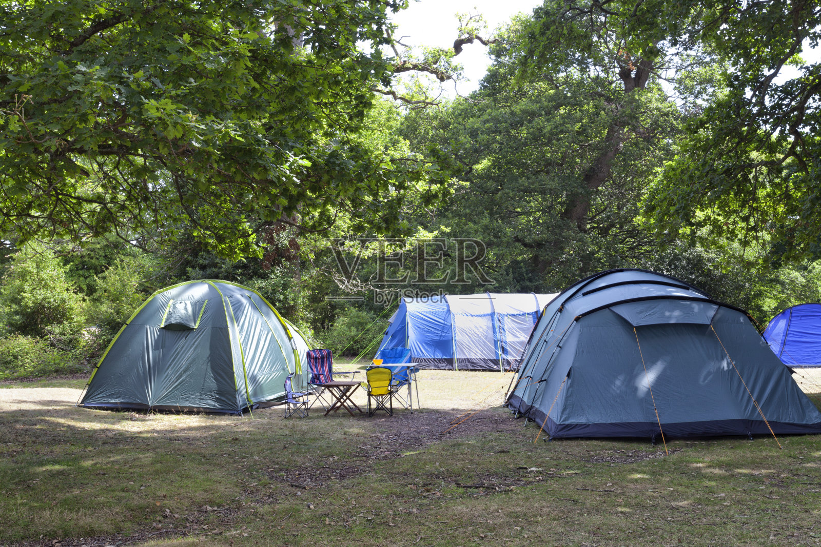 蓝色和绿色的家庭露营帐篷与桌椅，在橡树下的林地露营地，在一个阳光明媚的夏日。照片摄影图片