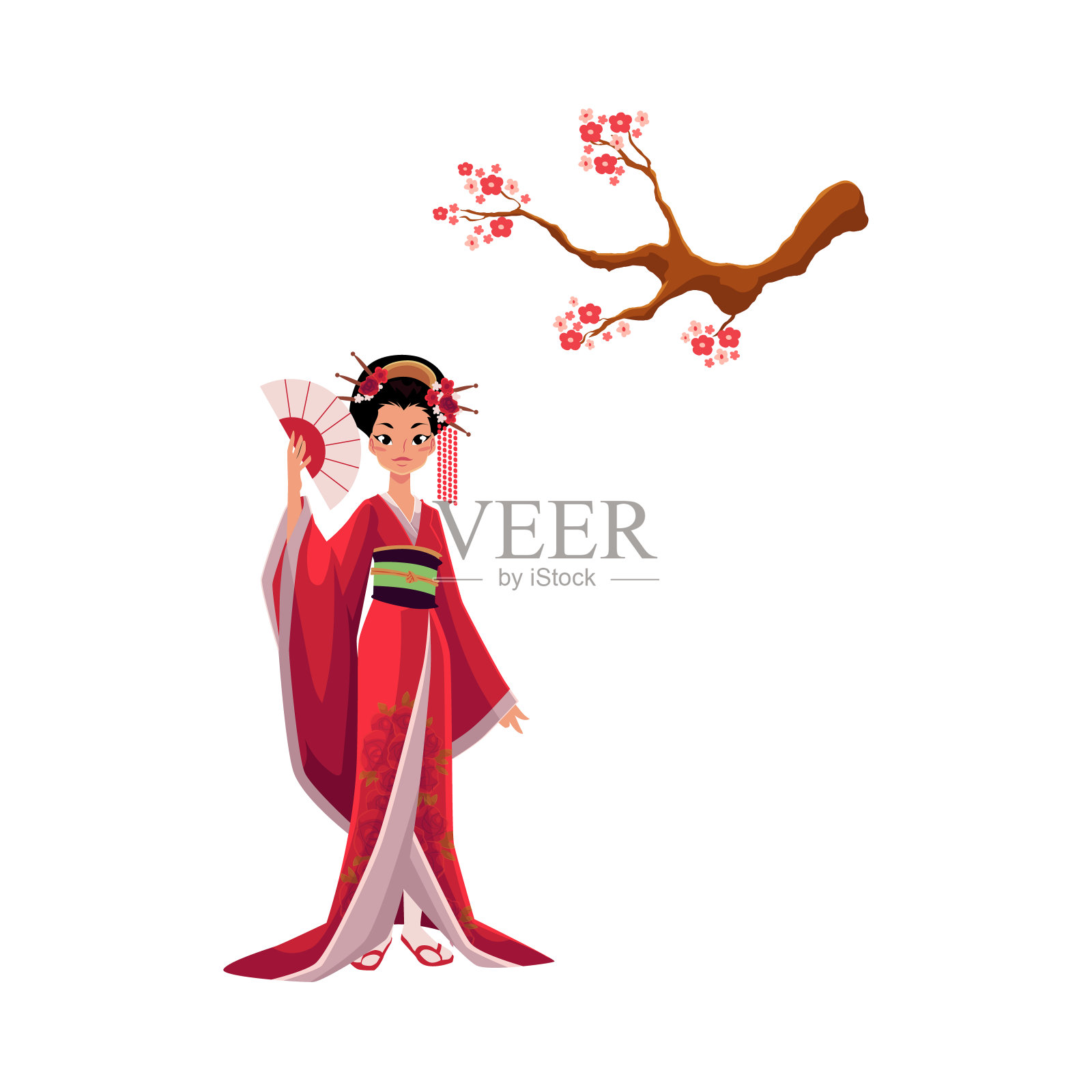 艺伎在和服和樱桃树，樱花枝插画图片素材