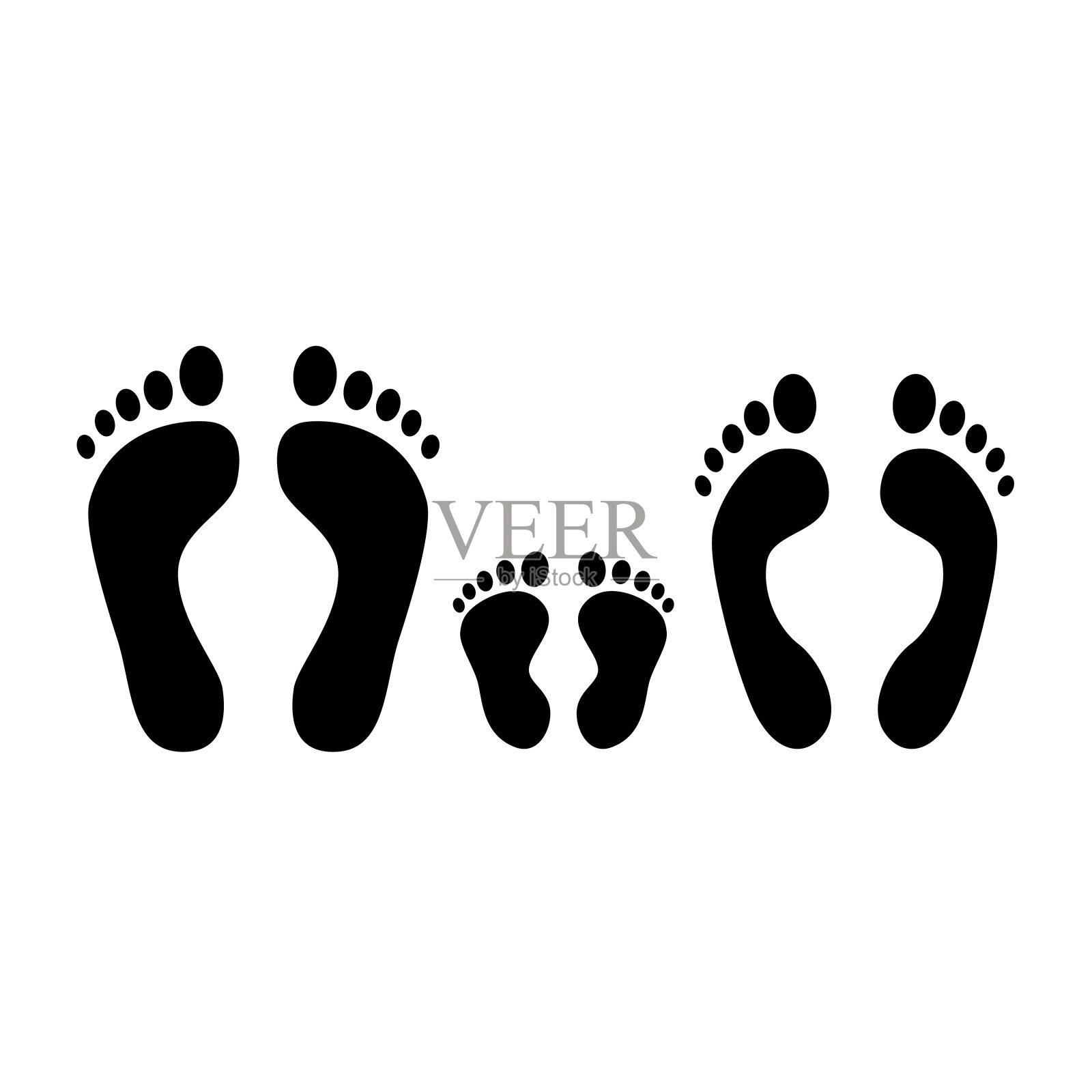 人类的足迹。男人、女人和婴儿脚印的黑色剪影。家庭。矢量图标孤立在白色上插画图片素材