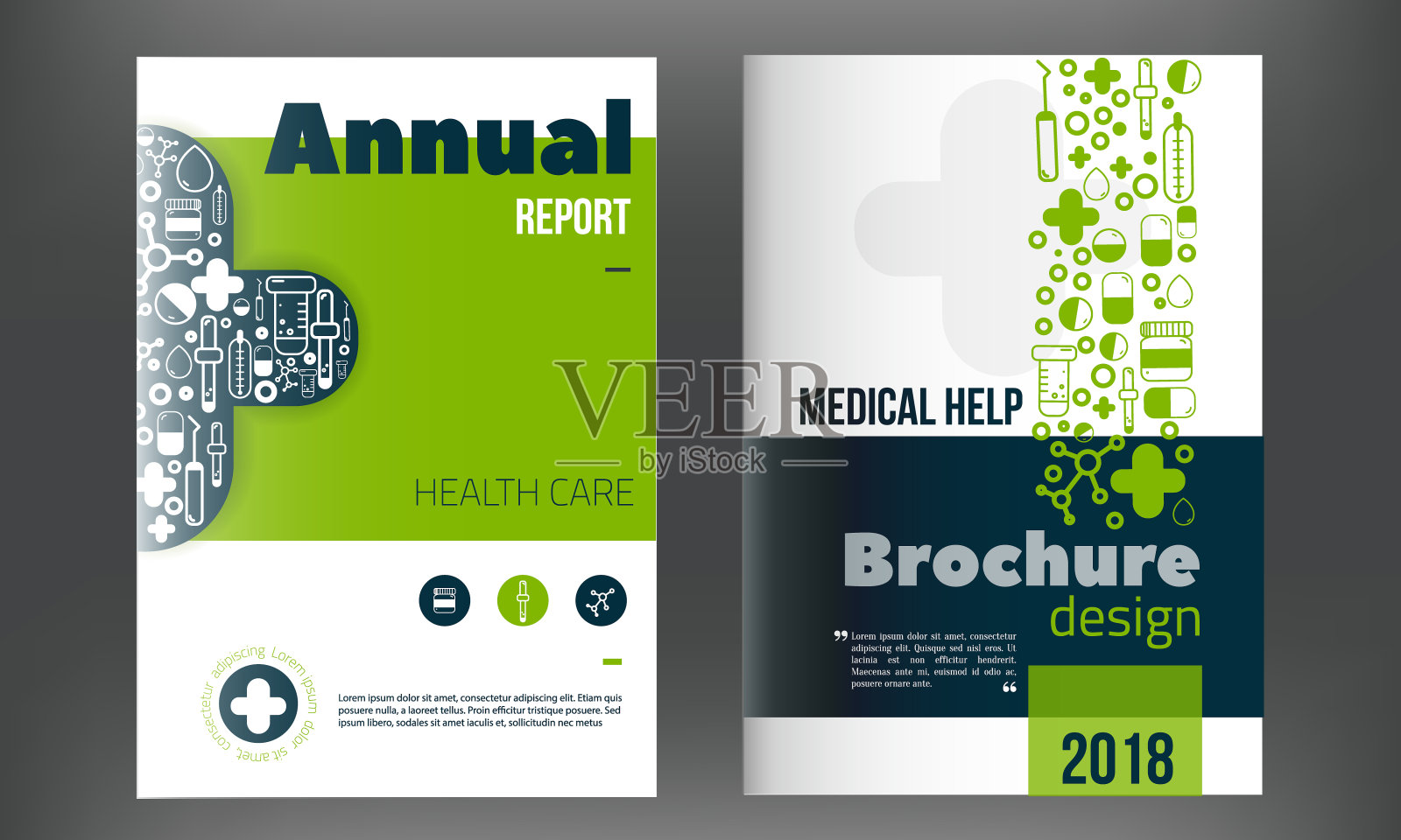 医学手册封面模板蓝色。传单与行内医药图标，现代清洁信息图表概念的年度报告。向量设计模板素材