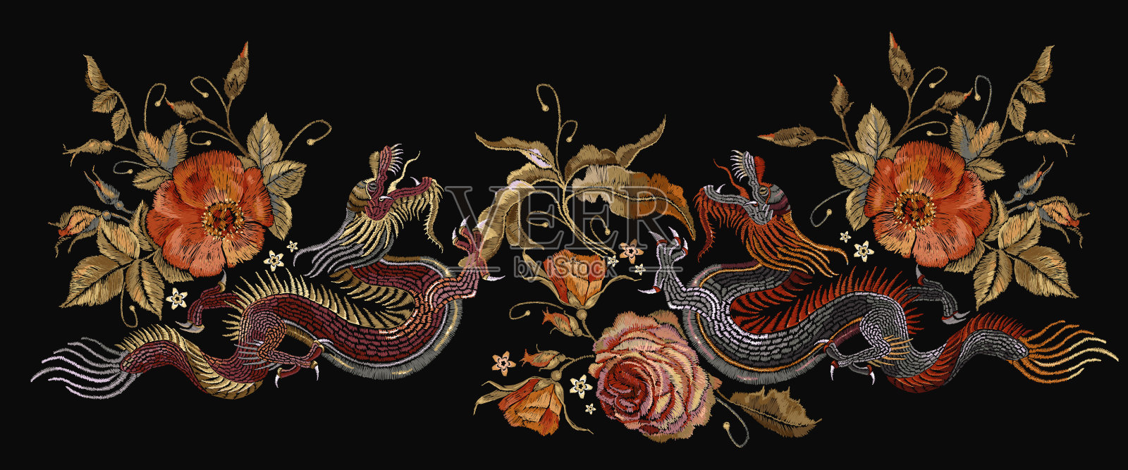 刺绣两种中国龙和玫瑰花。古典刺绣亚洲龙和美丽的红玫瑰矢量。艺术龙t恤设计。服装、纺织品设计模板插画图片素材