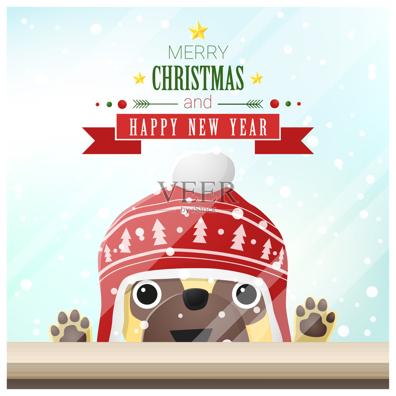 圣诞快乐和新年快乐的背景与狗站在窗户后，矢量，插图插画图片素材