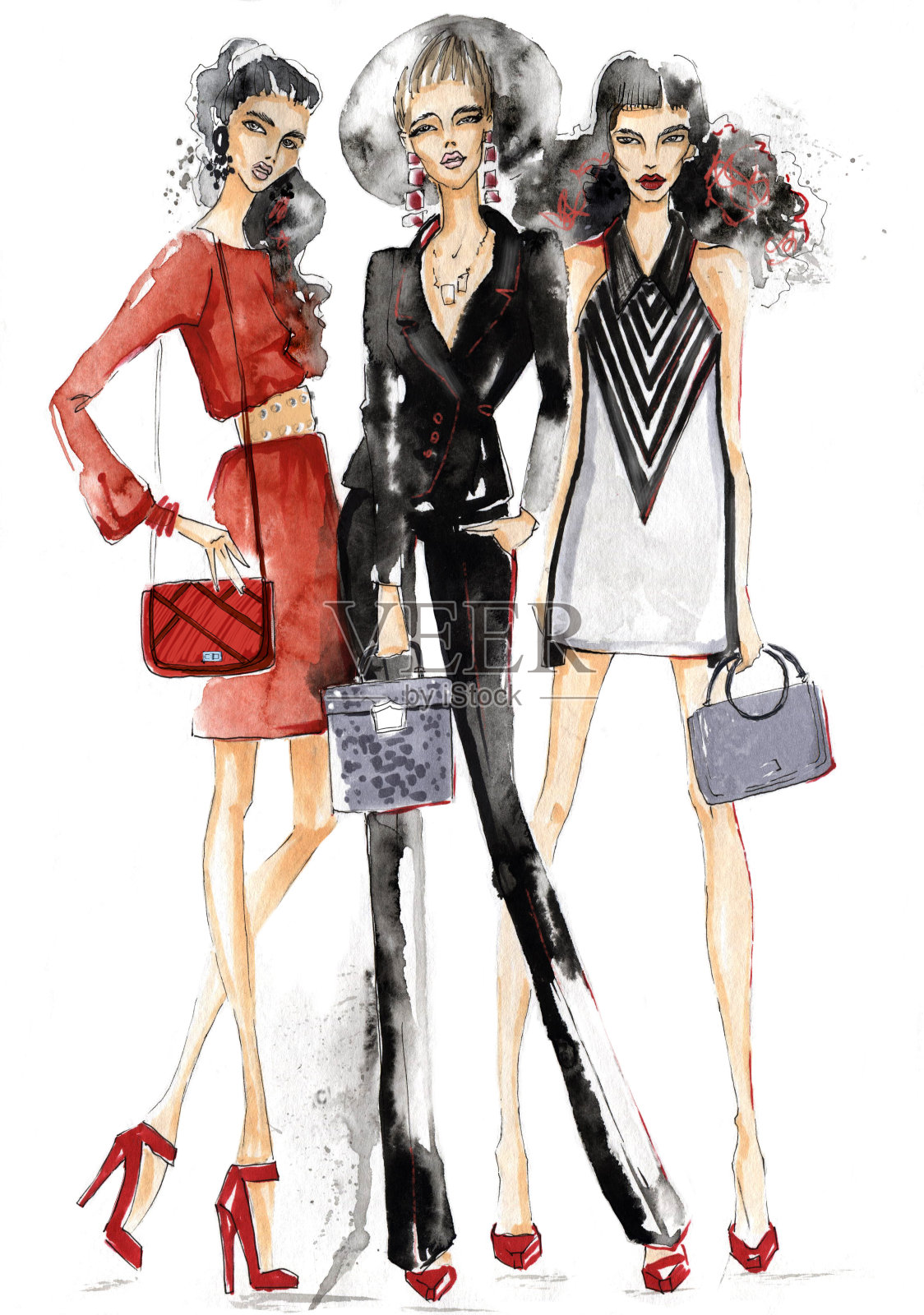 三个拿着手提包的女孩。插画图片素材