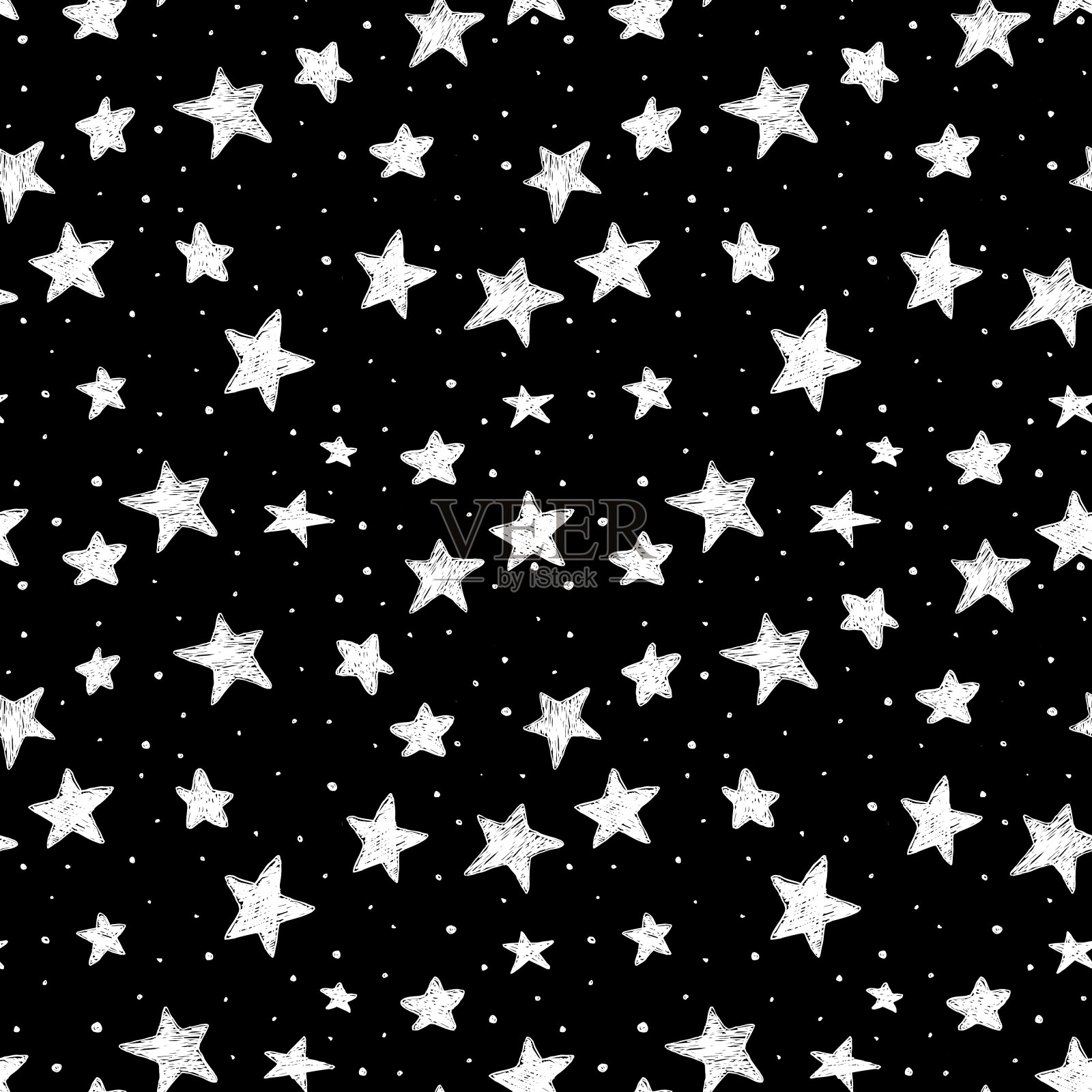美丽的无缝图案手绘涂鸦星星黑色和白色孤立的背景。夜空插画图片素材