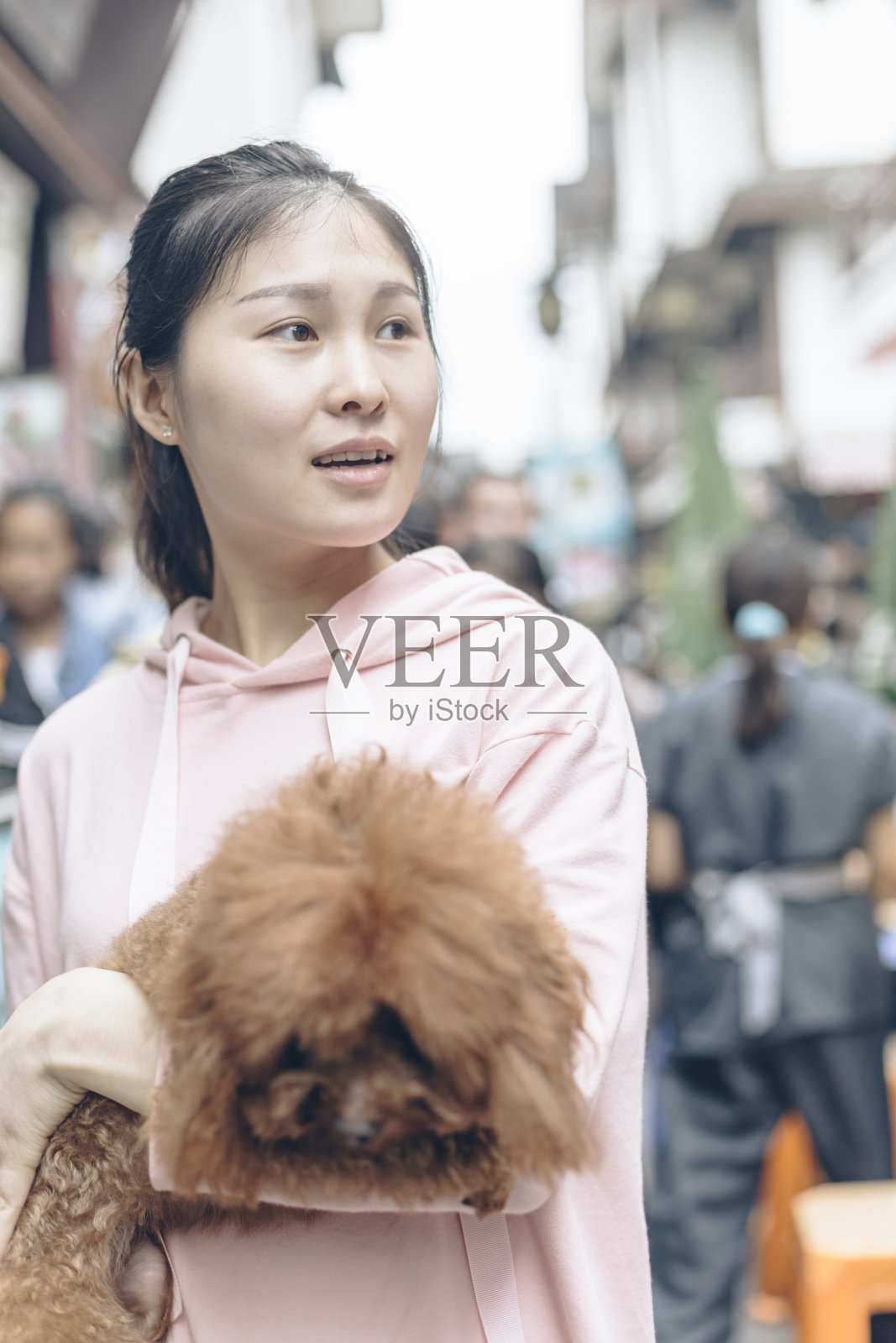 一个女人抱着她的小狗在南禅寺旅行照片摄影图片
