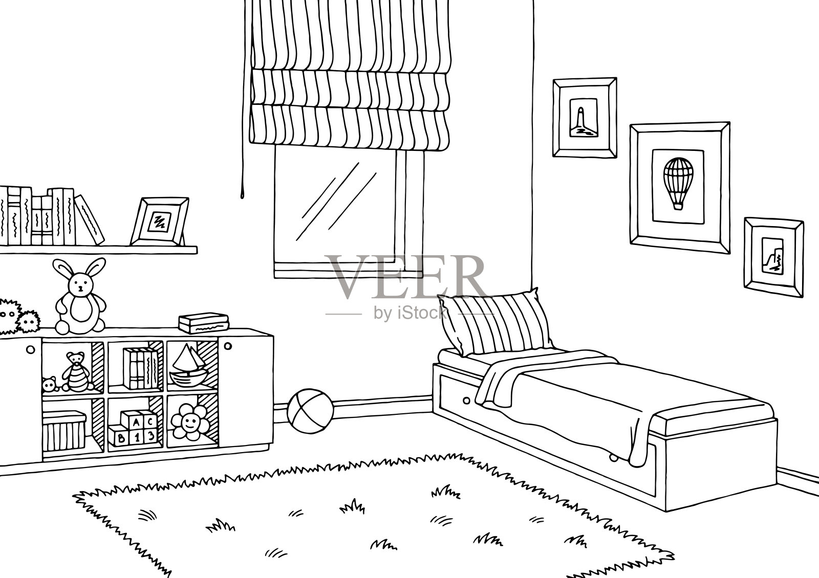 儿童房图形黑白室内草图插图矢量插画图片素材
