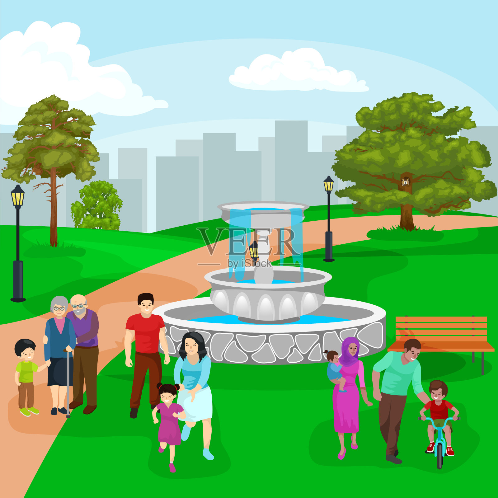 快乐的家庭在公园里有喷泉，男孩和女孩在户外玩花园瀑布，休闲的人在度假矢量插图插画图片素材