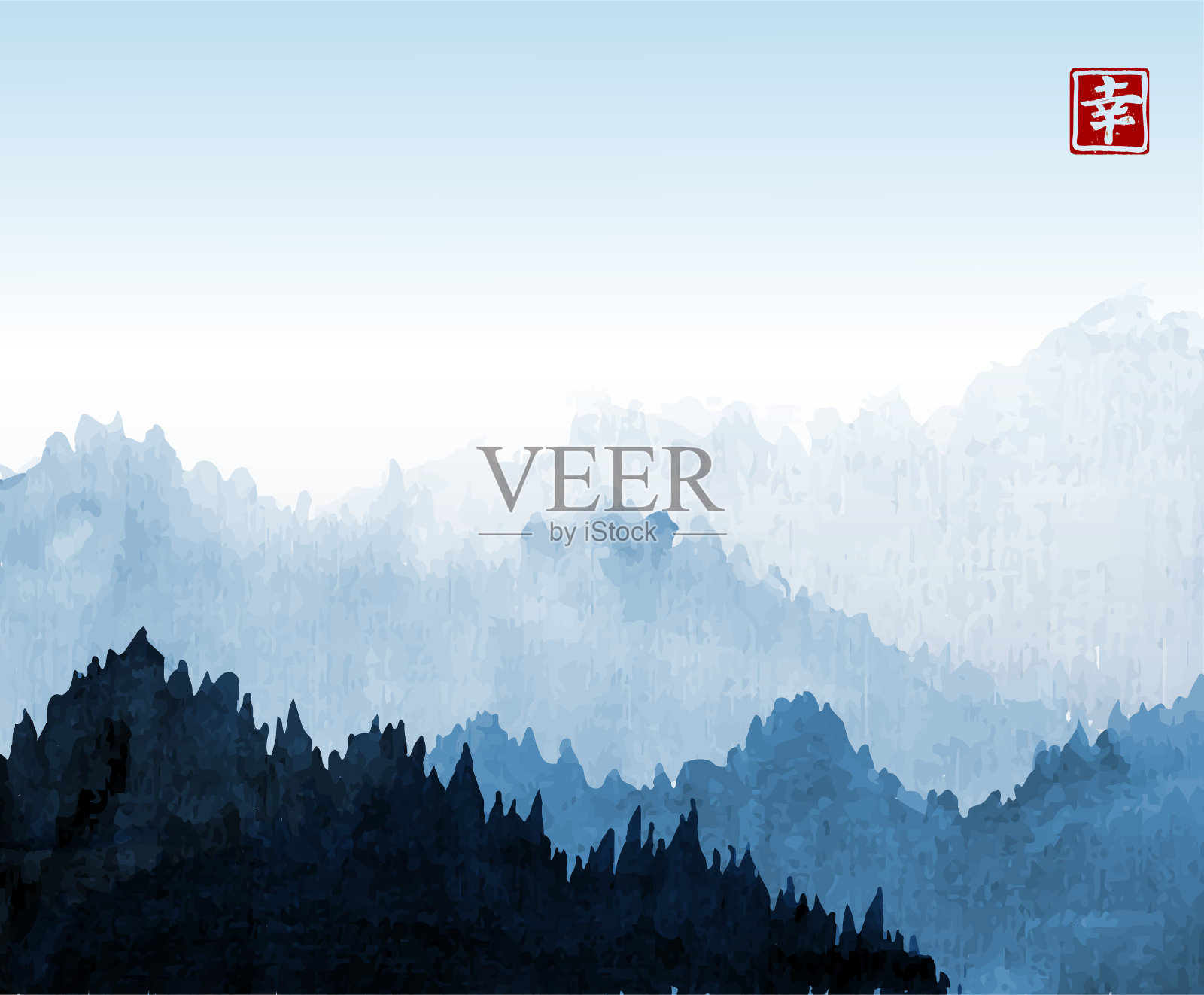 山与森林树木在雾和蓝天。包含象形文字-幸福。传统的东方水墨画粟娥、月仙、围棋。插画图片素材