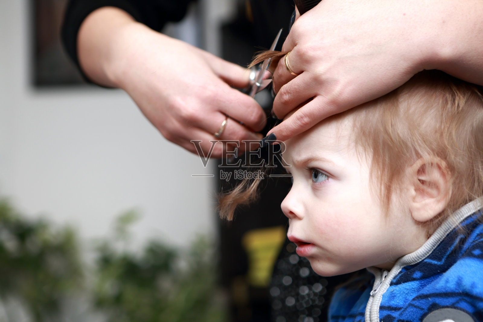 一个认真的孩子第一次剪头发照片摄影图片