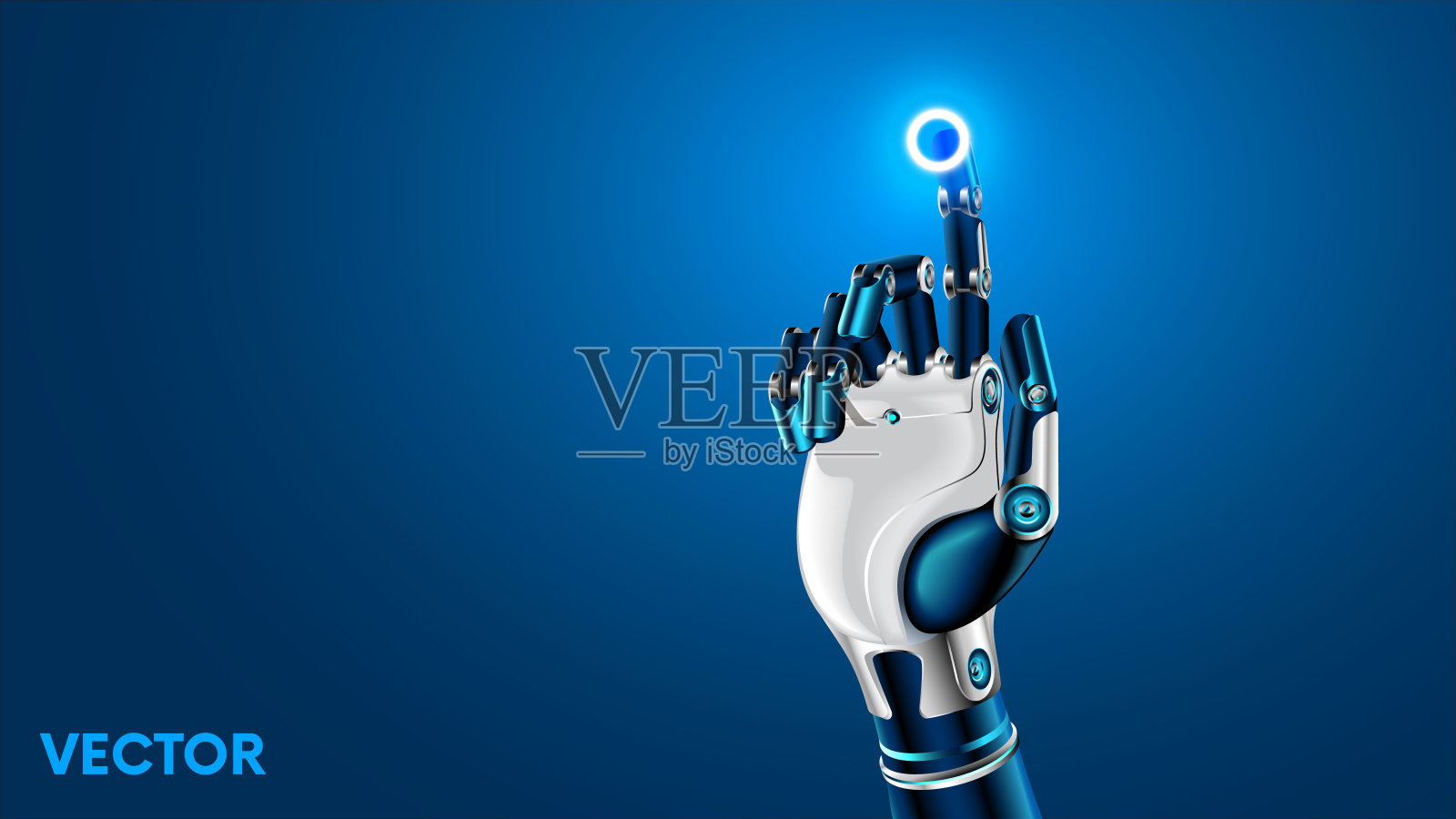 机器人的机械臂或手按下虚拟全息界面HUD上的按钮。人工智能未来设计理念。插画图片素材
