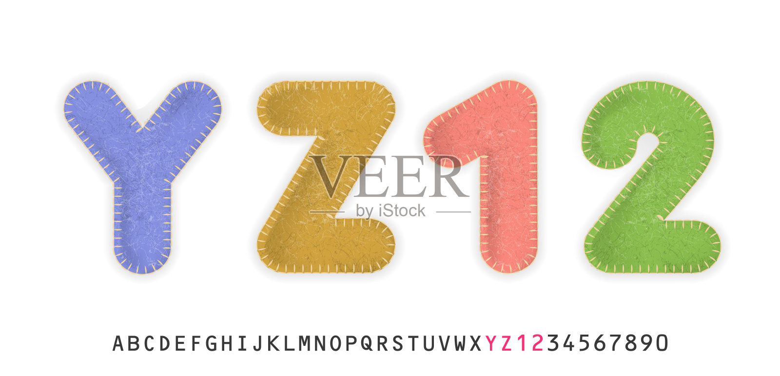 真实的大写字母Y, Z和数字1,2制成的彩色毡织物。为节日可爱的设计。插画图片素材