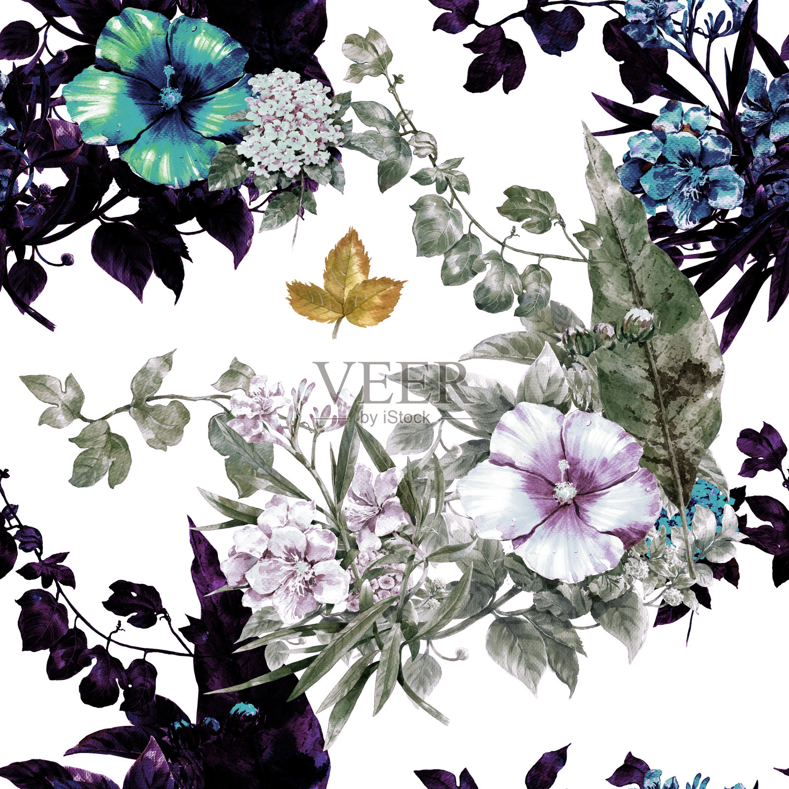叶和花的水彩画，在白色的背景上无缝的图案插画图片素材