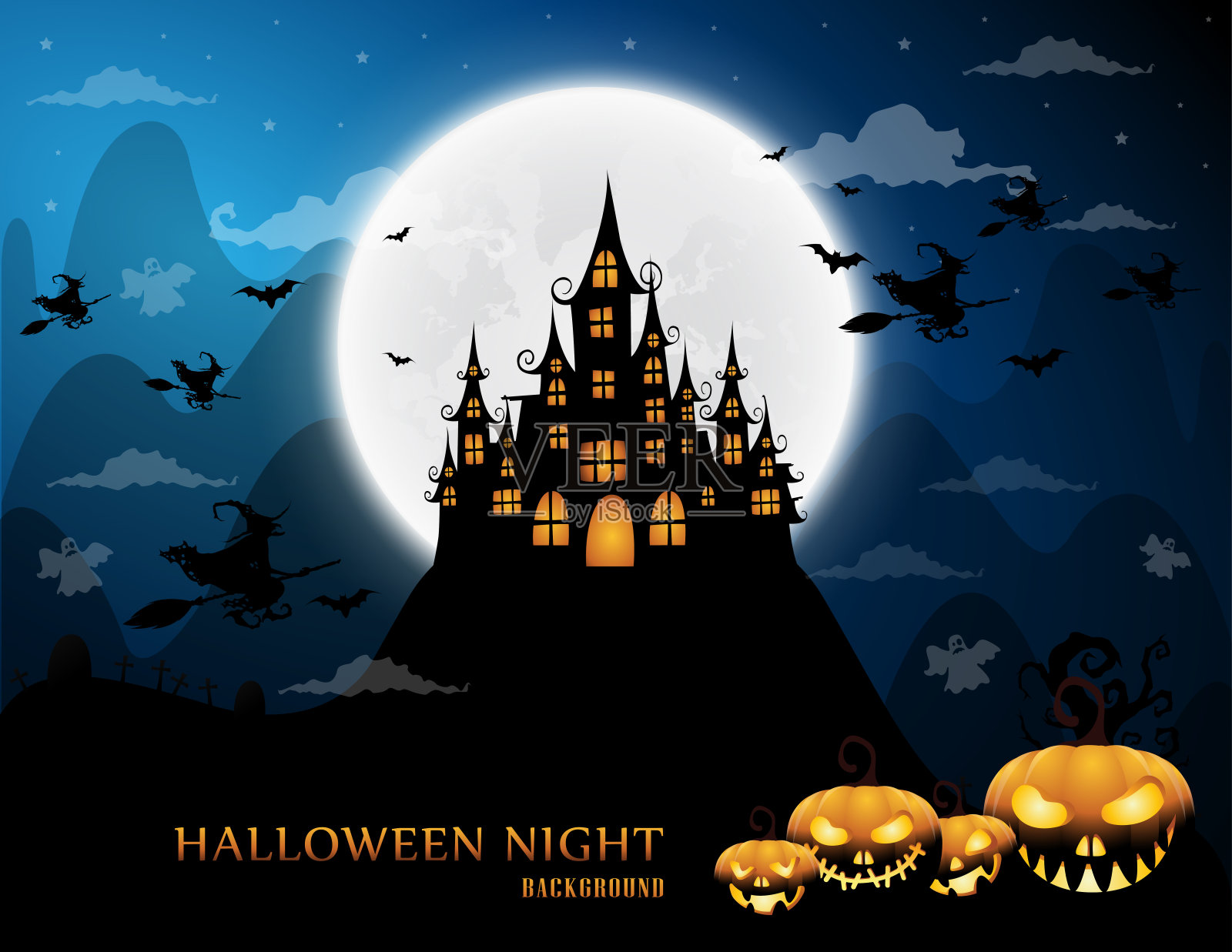 鬼屋和满月与女巫和鬼，万圣节夜晚的背景。矢量插图。插画图片素材