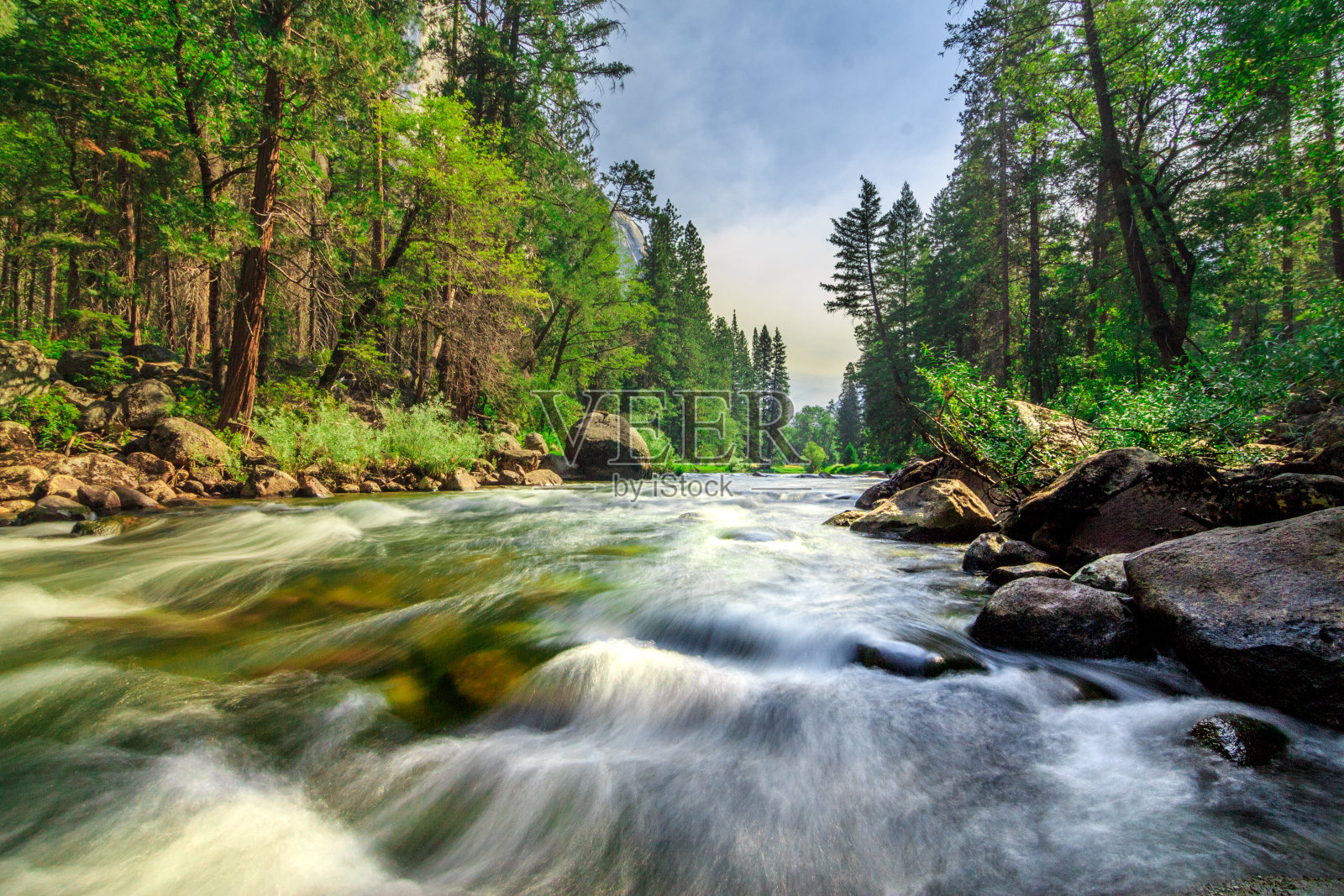 在加州约塞米蒂国家公园，山溪在天空中流过绿色的森林照片摄影图片
