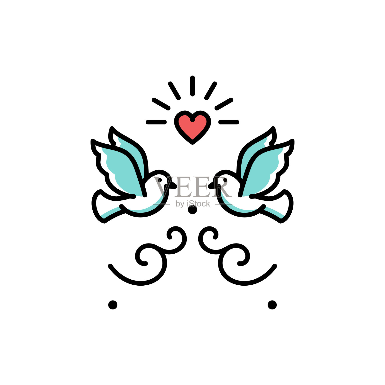 婚礼鸽子爱鸟的象征。新婚夫妇标志，情人节线符号，矢量平面插图插画图片素材