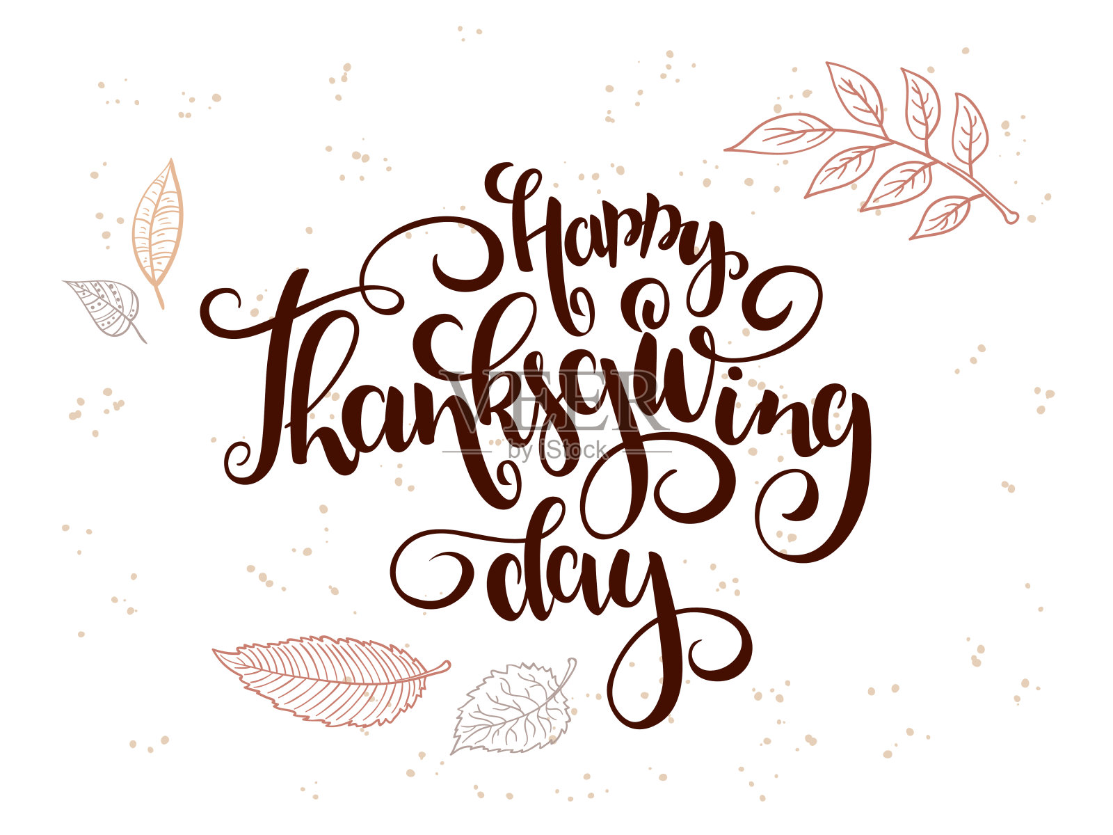 矢量手写问候快乐的感恩节文字涂鸦树叶和点插画图片素材