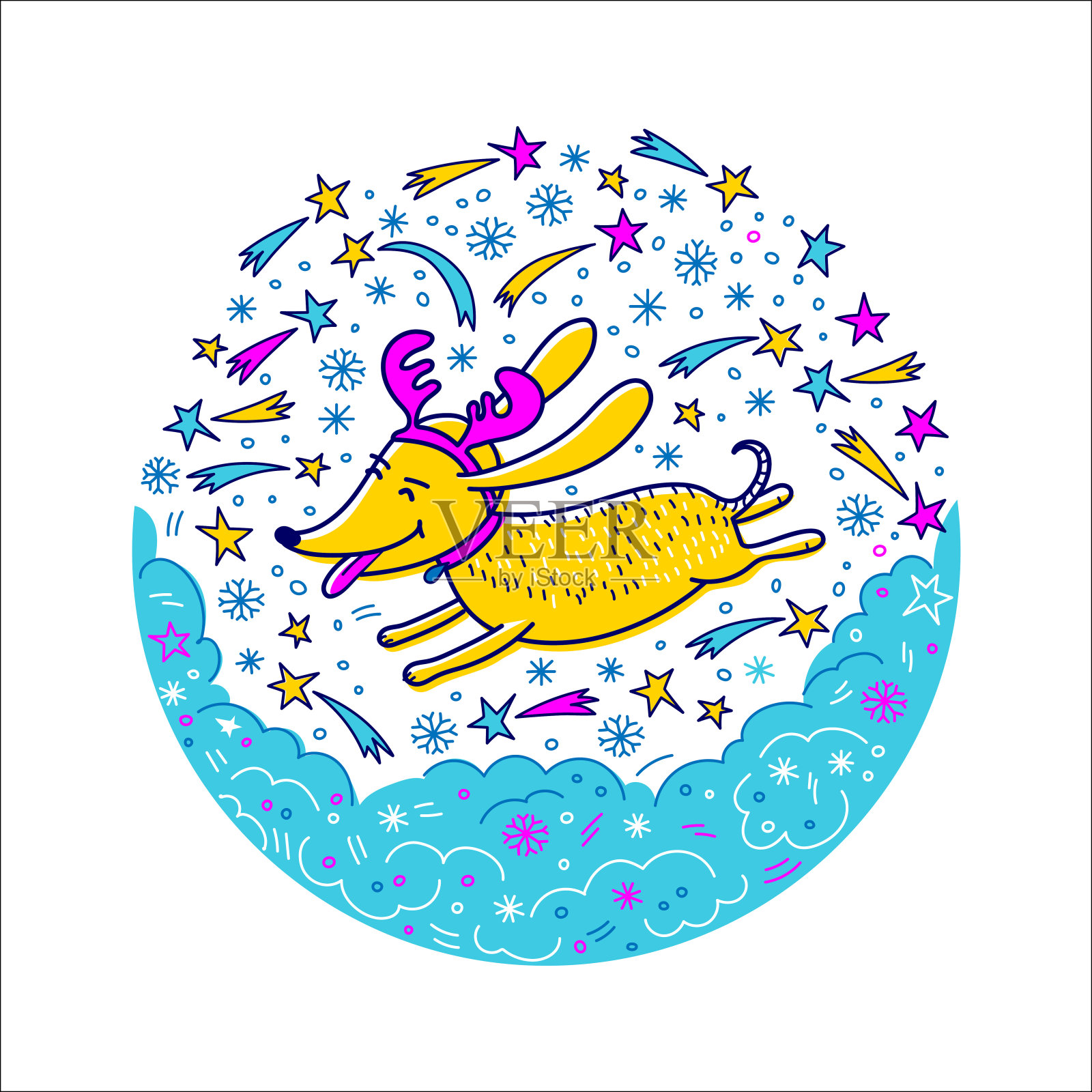 2018年春节贺年卡。一只快乐的卡通狗在雪地里奔跑。矢量插图涂鸦插画图片素材