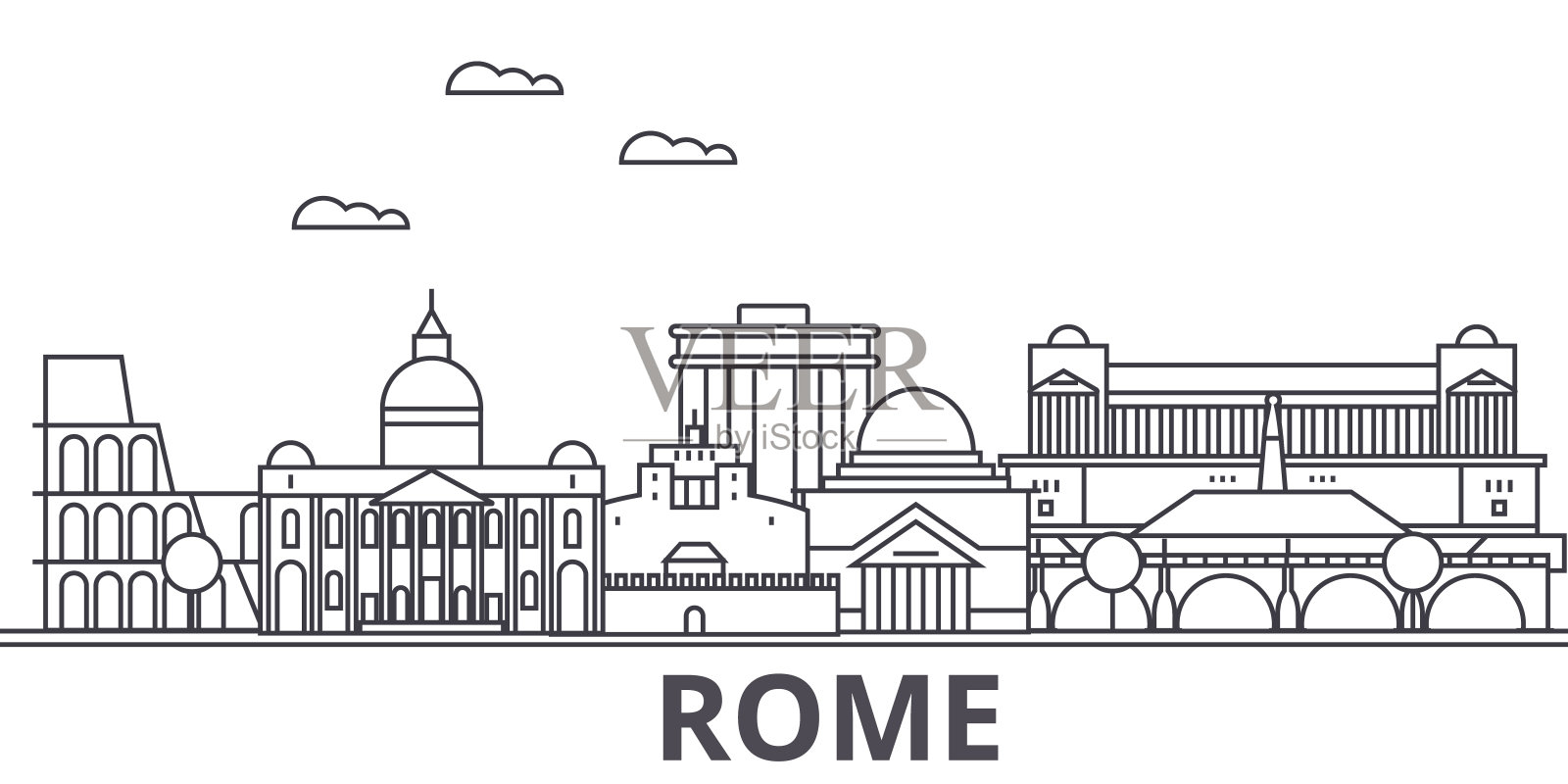 罗马建筑线天际线插图。线性向量的城市景观与著名的地标，城市景观，设计图标。风景与可编辑的笔触插画图片素材