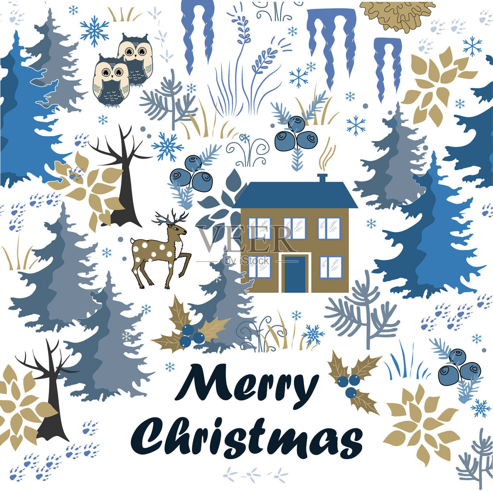 可怕的冬天快乐的圣诞卡片与房子在森林。时尚的棕色和蓝色假日背景。冬季构成可爱的节日设计插画图片素材