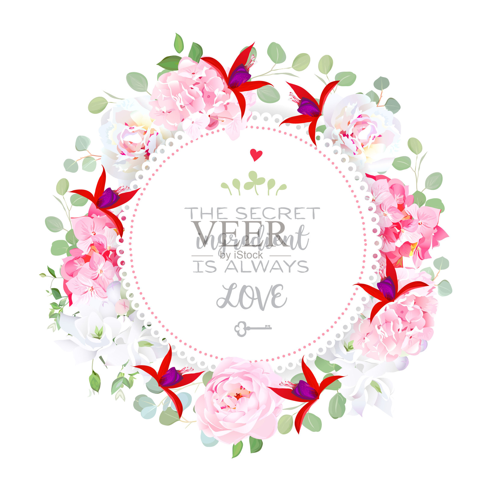 精致的牡丹，粉红绣球花，玫瑰，白色小苍兰，红色紫红色插画图片素材