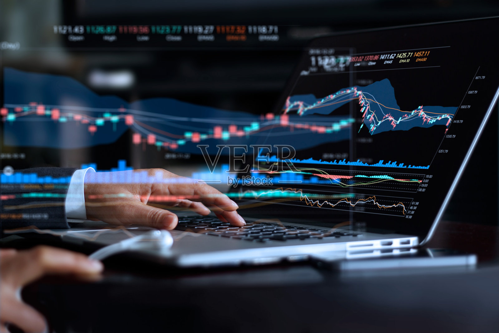 商人与股票市场金融指数统计图表分析笔记本电脑屏幕，金融数据和技术概念照片摄影图片