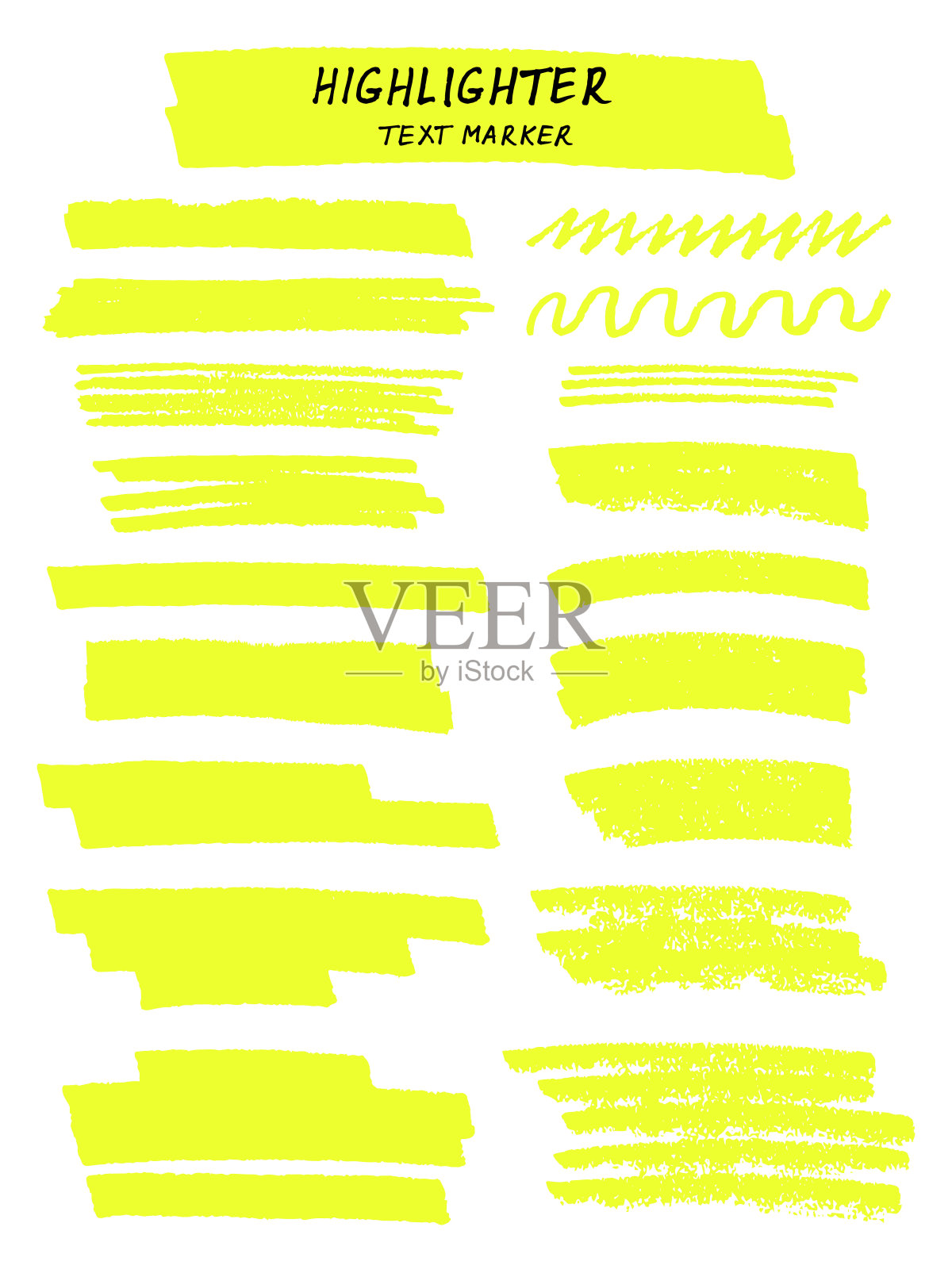 矢量黄色高光笔刷线在白色的背景。手绘。插画图片素材