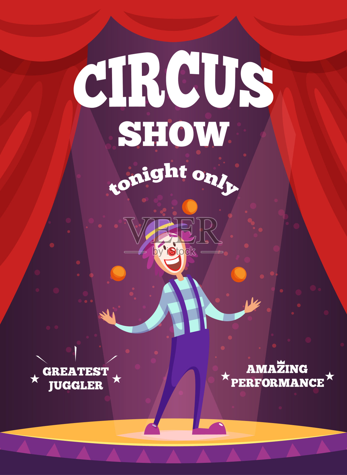 马戏表演或魔术师表演邀请海报。现场小丑杂耍的插图插画图片素材