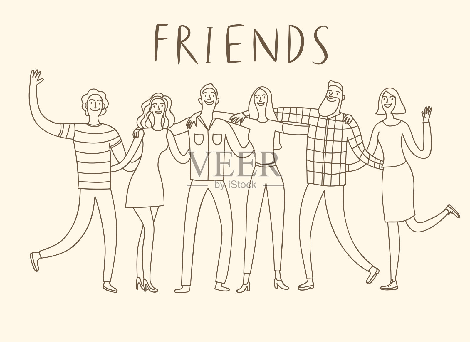 六位快乐的朋友互相拥抱。插画图片素材