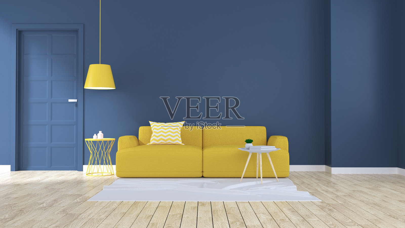 现代简约的客厅内饰，蓝色墙壁和木地板上的黄色沙发，3d渲染照片摄影图片