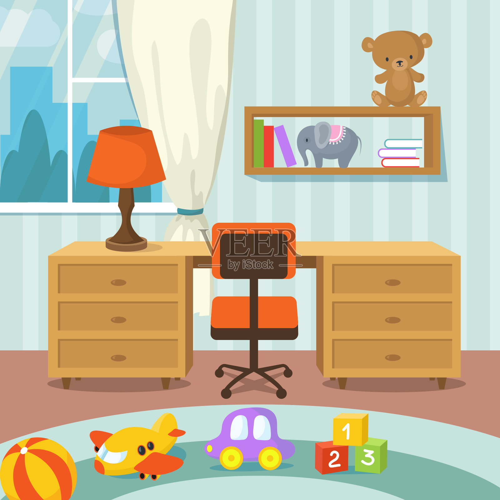婴儿房内部与床和玩具在平面风格矢量插图插画图片素材