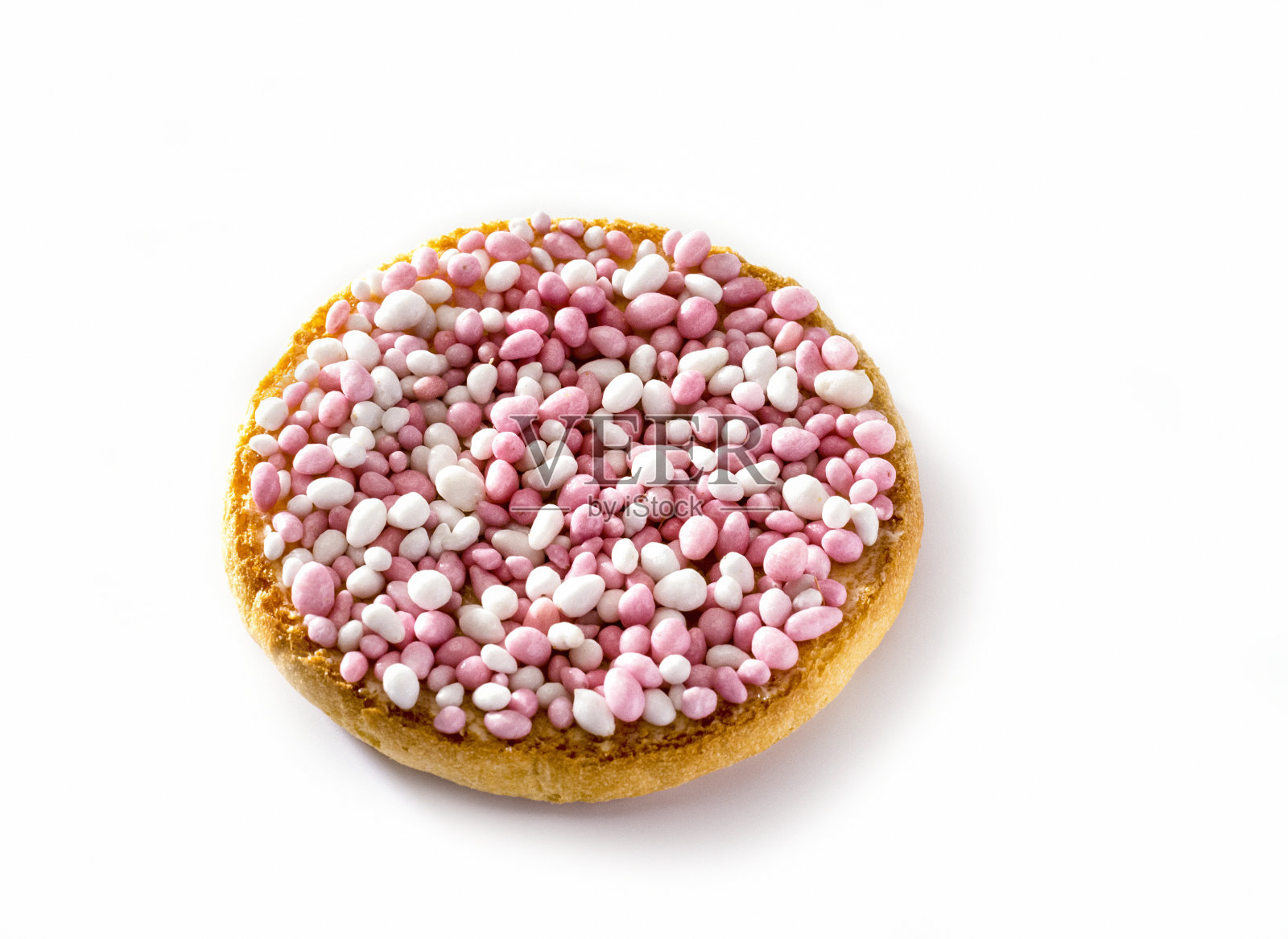 高角度视图，面包皮与粉红色和白色的Muisjes，饼干与茴香种子孤立在白色背景。荷兰传统的女婴诞生了。照片摄影图片