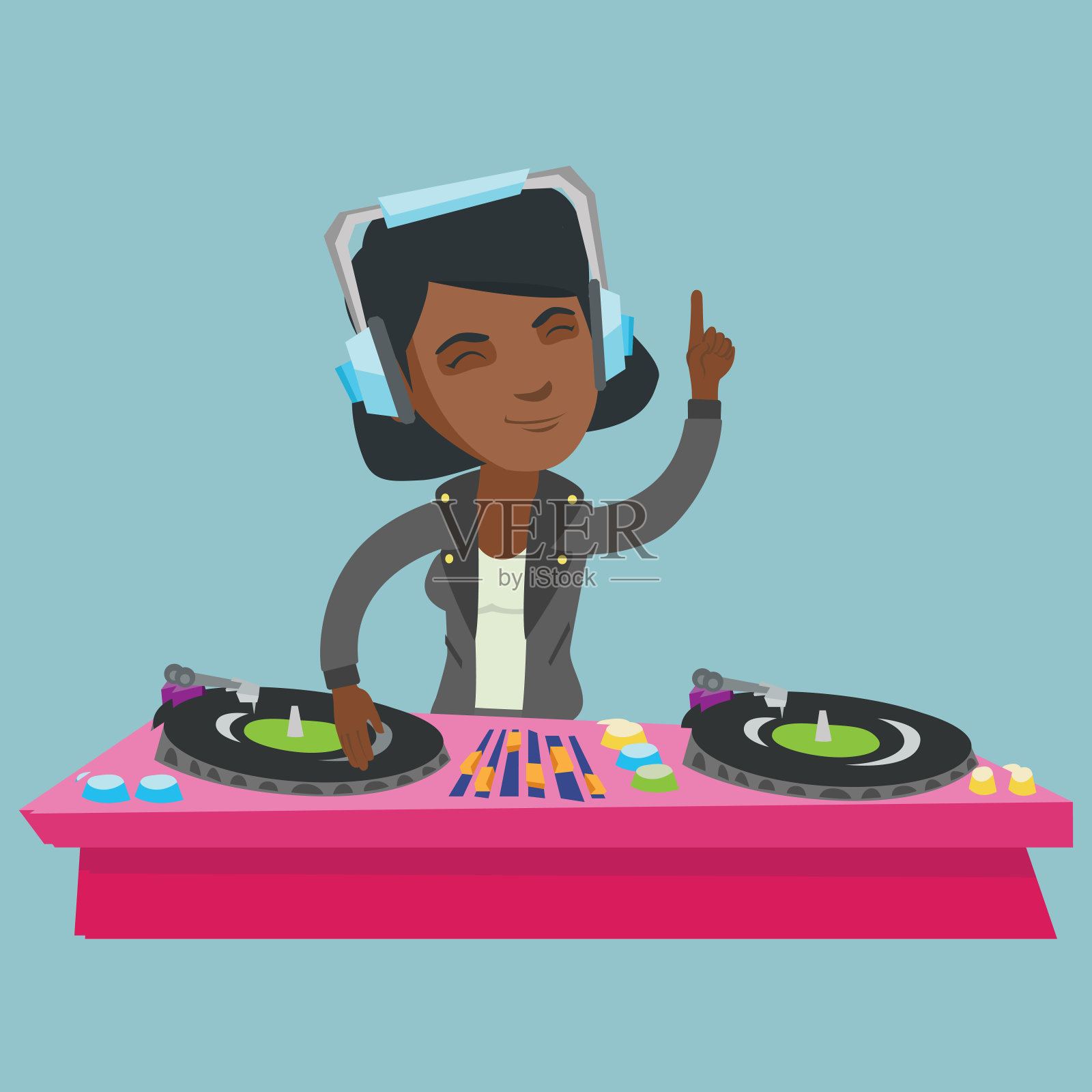 年轻的非洲DJ在唱盘上混音插画图片素材