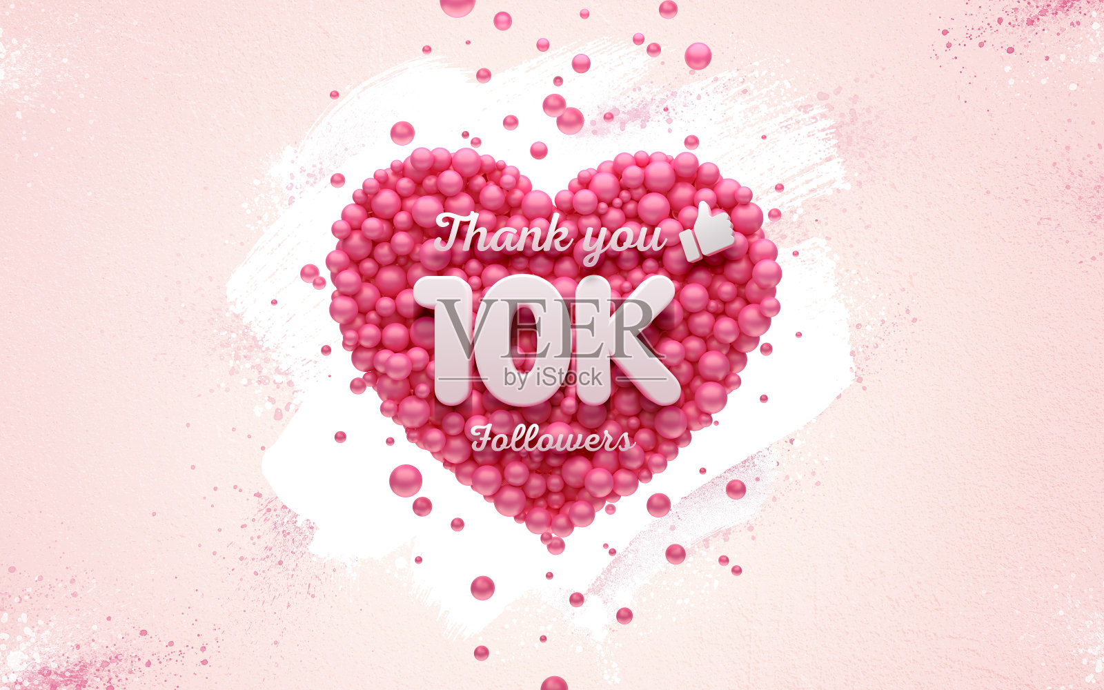 1万或1万粉丝谢谢粉色的心，红色的气球，球。3D插图为社交网络的朋友，追随者，网络用户感谢你庆祝的订阅者或追随者和喜欢。照片摄影图片