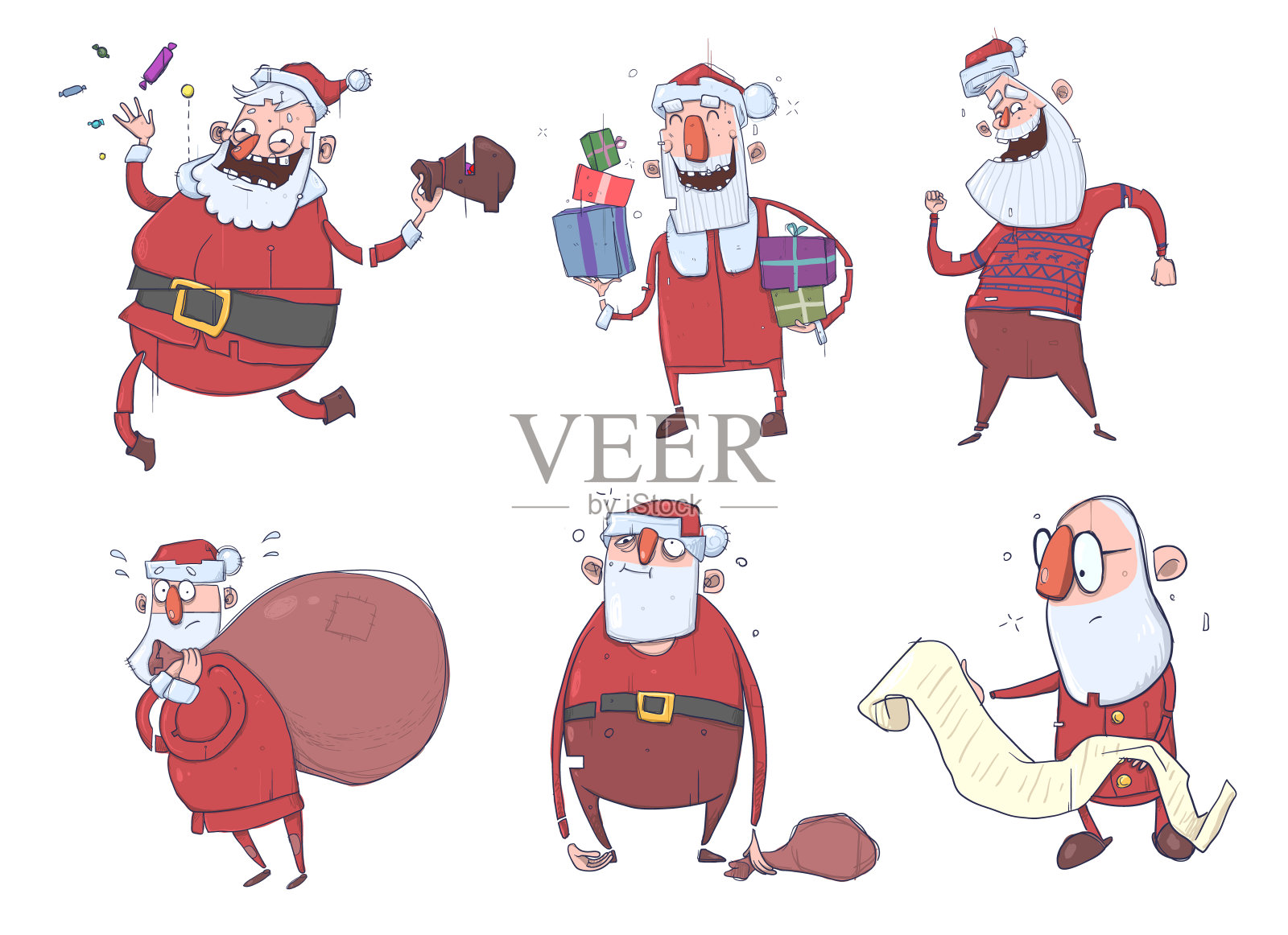 圣诞贺卡上的圣诞老人角色。快乐的圣诞老人拿着礼物在袋子里和盒子里，看书，跳舞。卡通的人。矢量插图集。设计元素图片