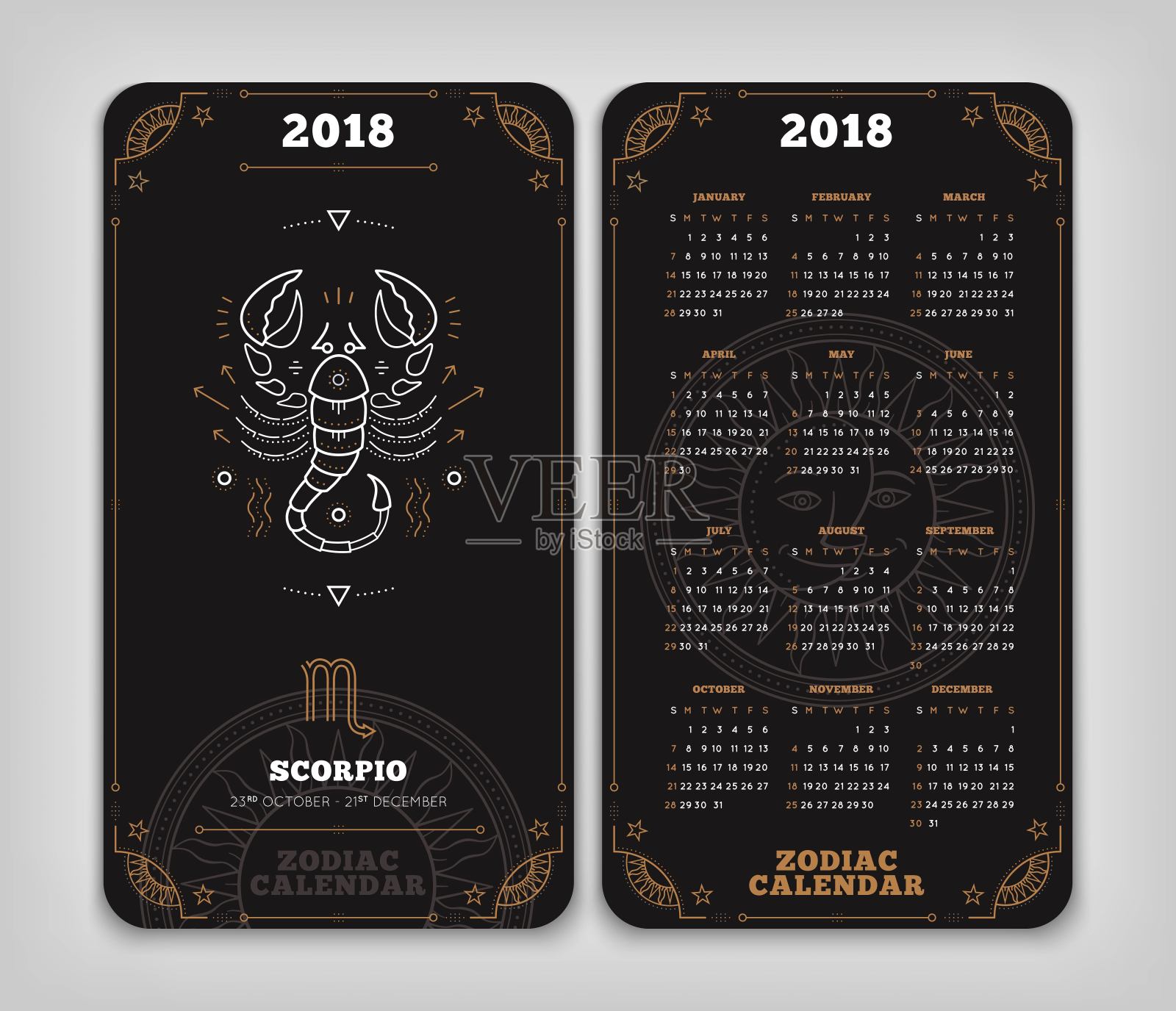 天蝎座2018年生肖日历口袋大小垂直布局双面黑色设计风格矢量概念插图插画图片素材