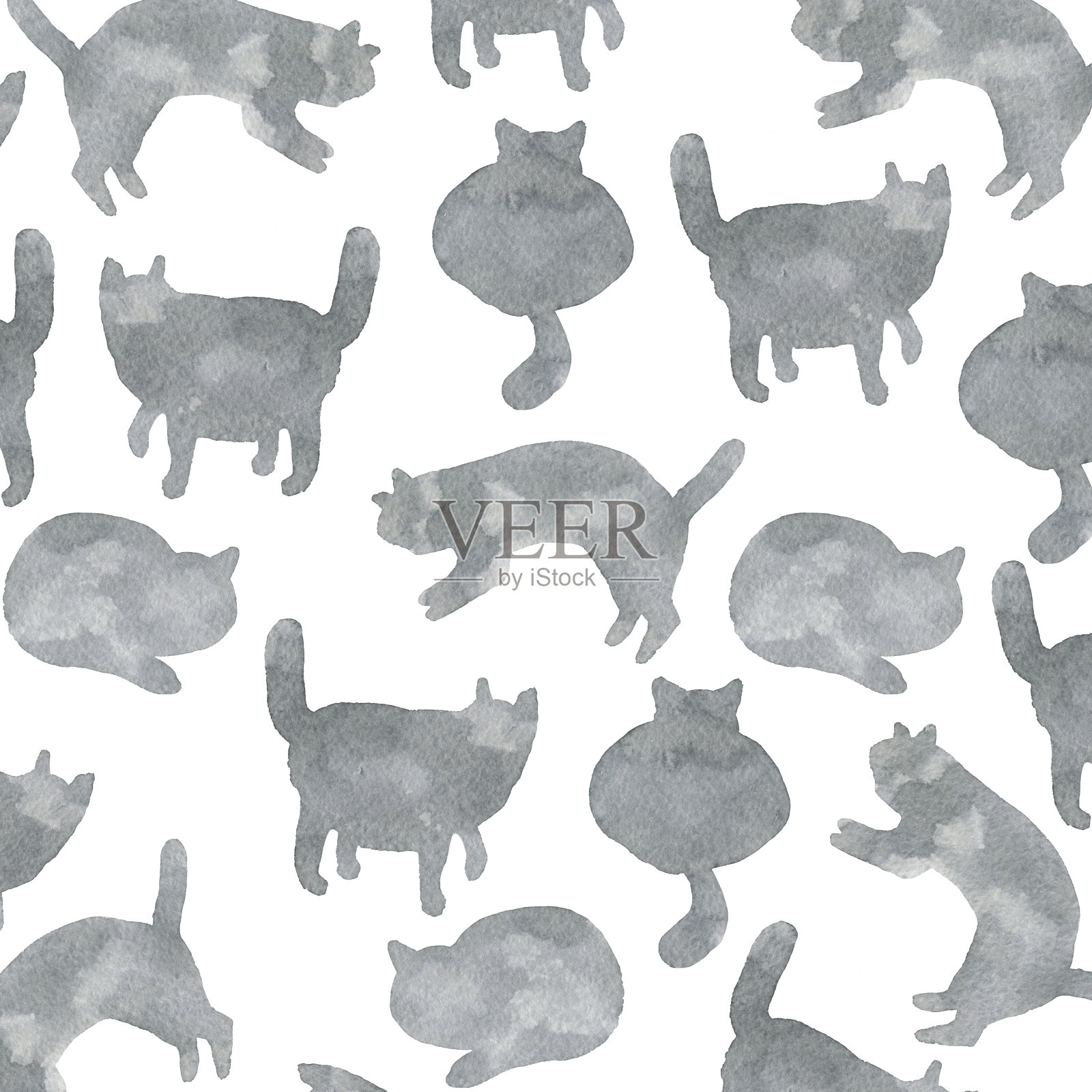 可爱的水彩背景与灰色的猫插画图片素材