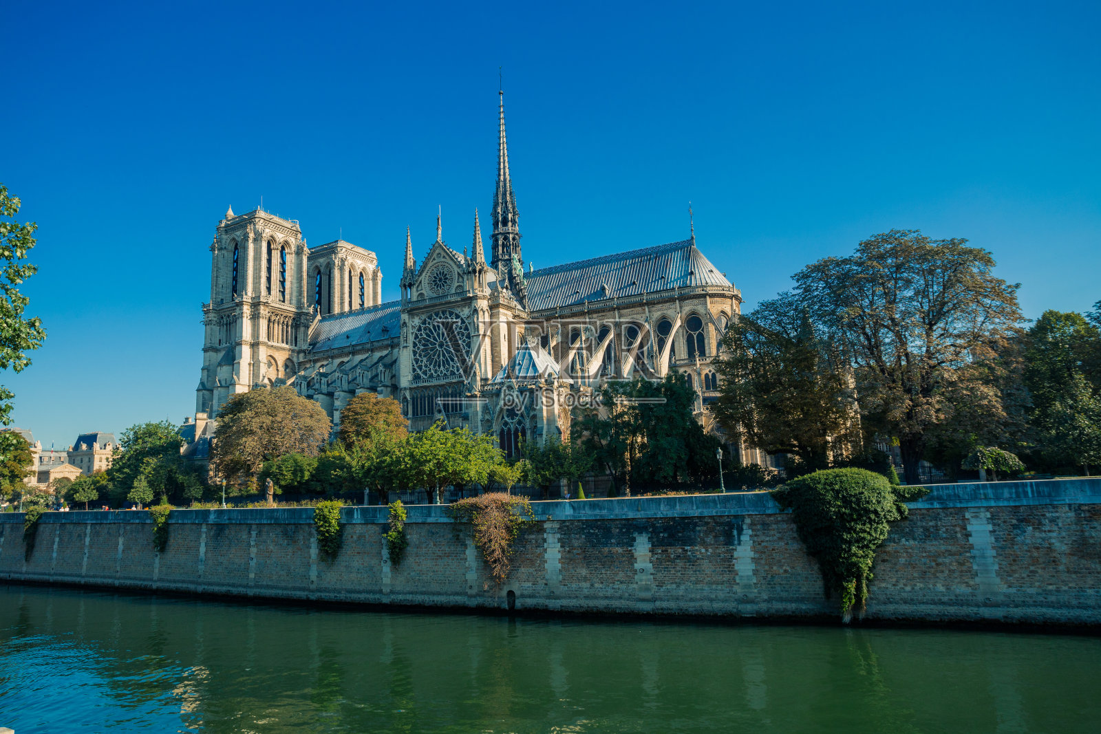 巴黎圣母院，一个阳光明媚的日子，著名的古代天主教堂坐落在塞纳河岸边。法国的旅游历史和建筑地标。宗教、旅游和旅游概念。照片摄影图片