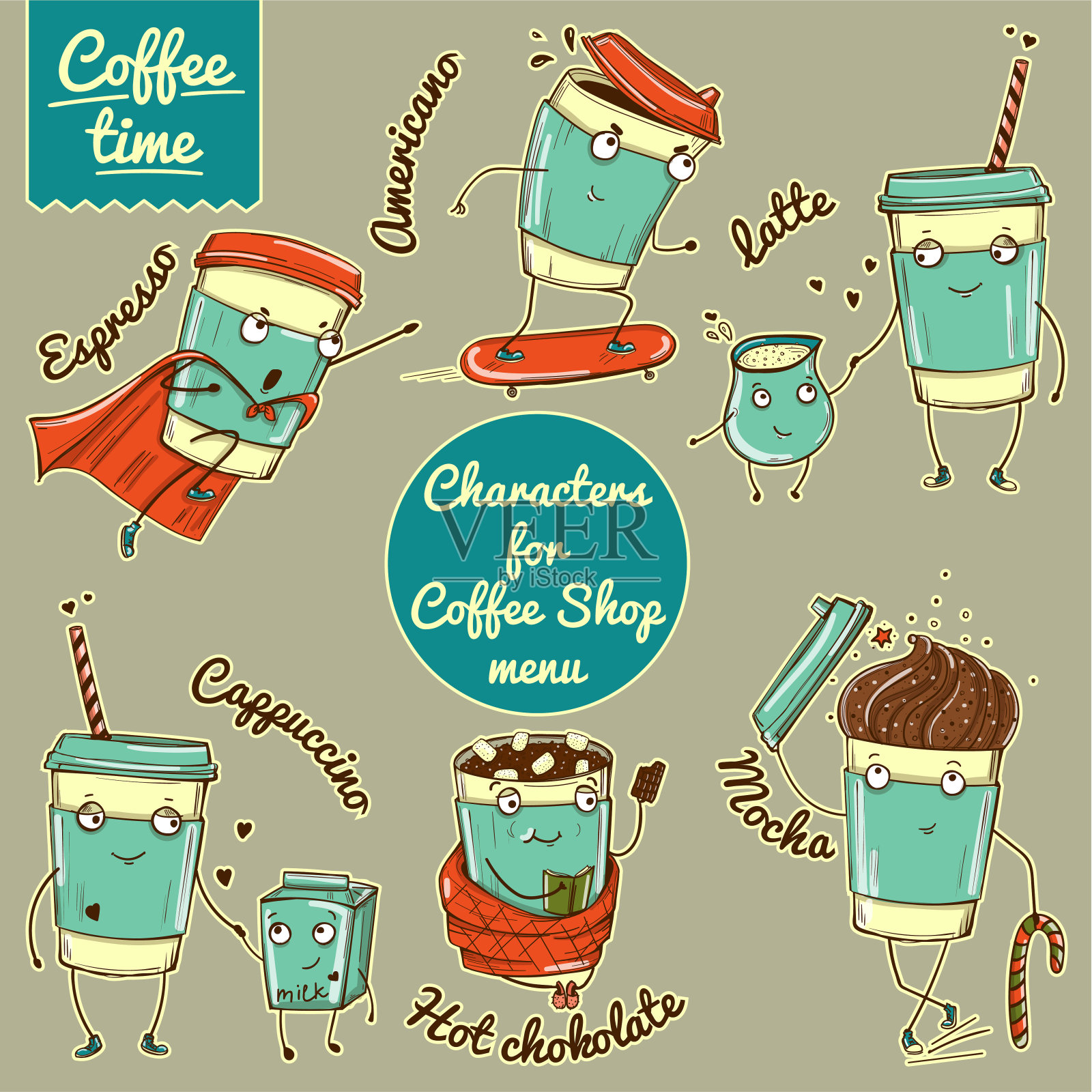 一套彩色咖啡杯字符咖啡店品牌。插画图片素材