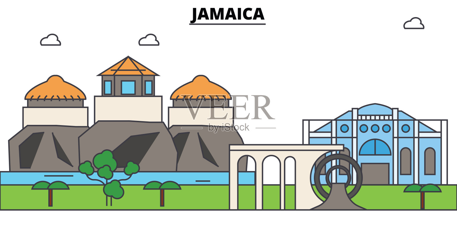 牙买加轮廓天际线、牙买加扁细线图标、地标、插图。牙买加城市景观，牙买加旅游城市向量旗帜。城市的轮廓插画图片素材