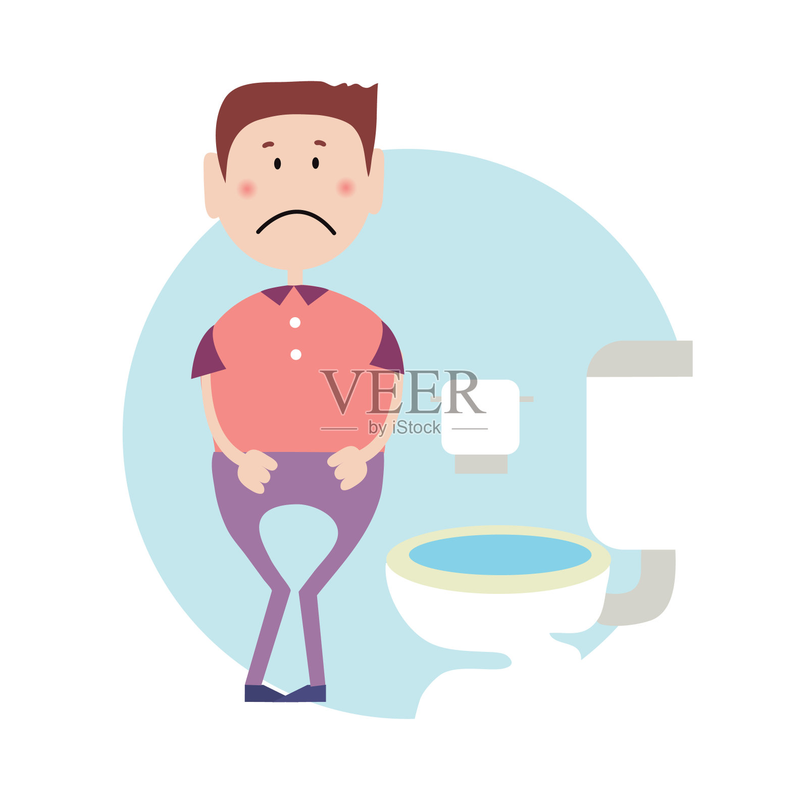 想尿尿的压力大的人站在厕所前。孤立的平面插图上的白色背景。卡通矢量图像。插画图片素材