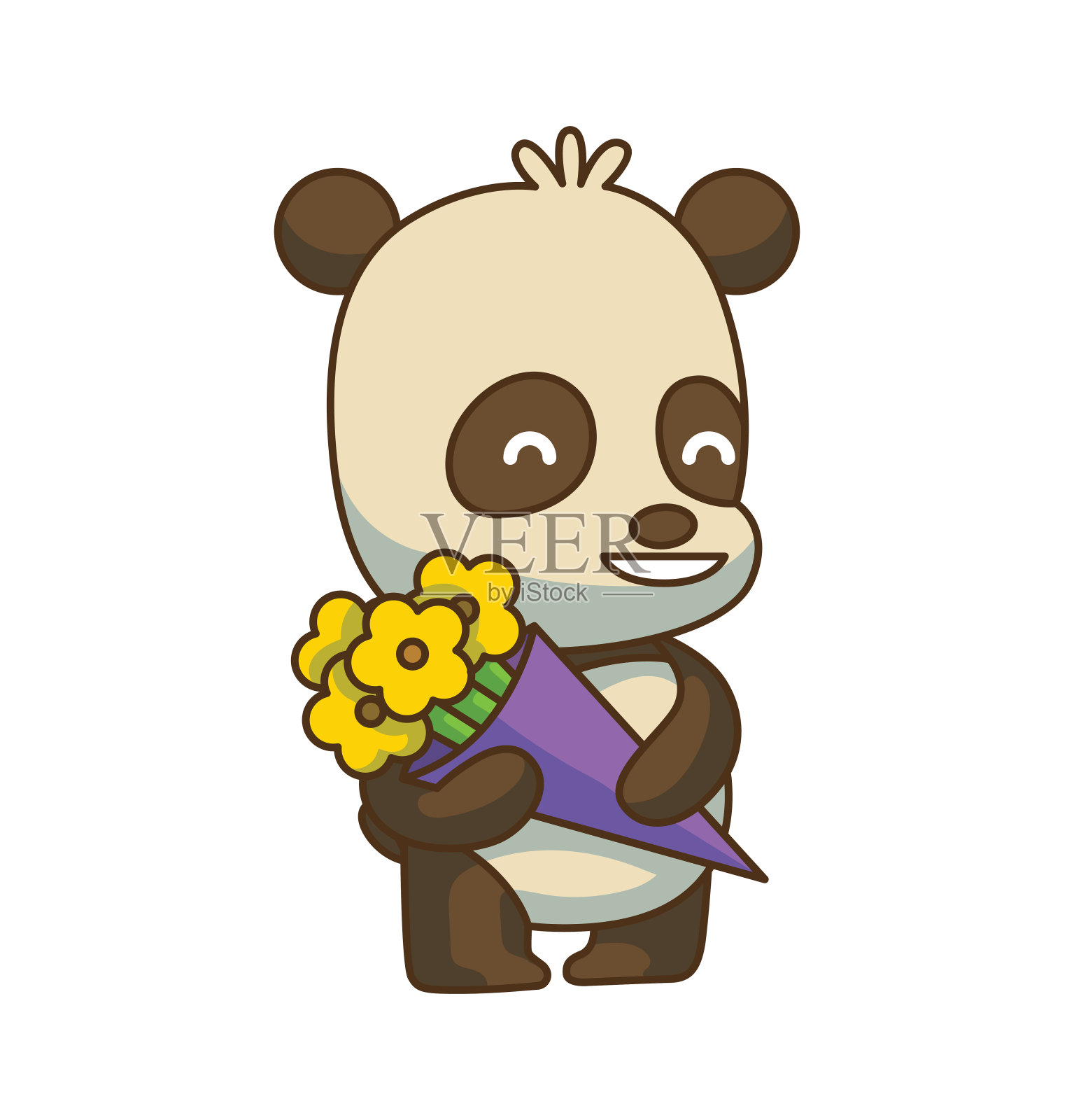 可爱的小熊猫捧着一束花，彩色的形象插画图片素材