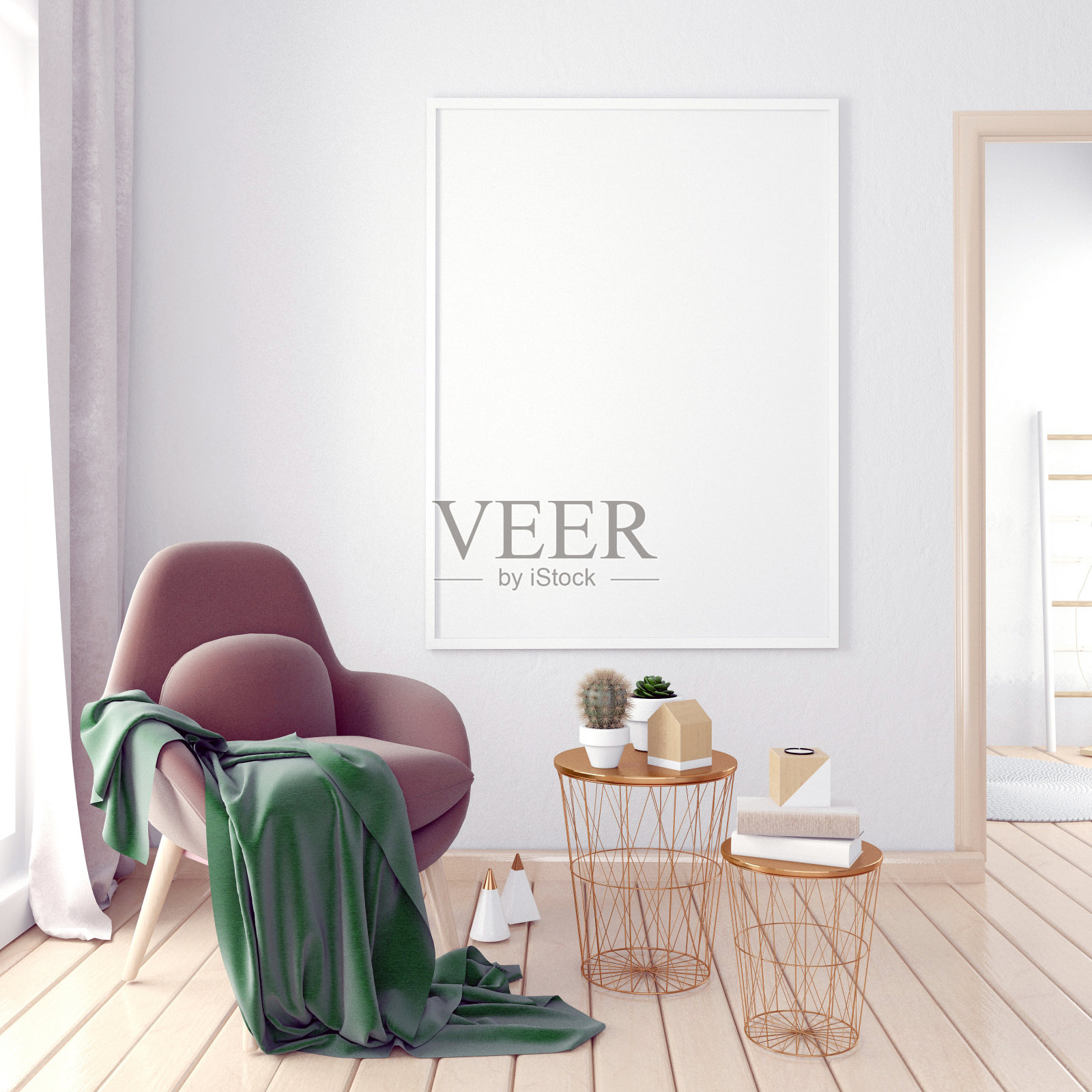 现代室内装饰，配有咖啡桌和椅子。海报的模拟。3 d演示。照片摄影图片