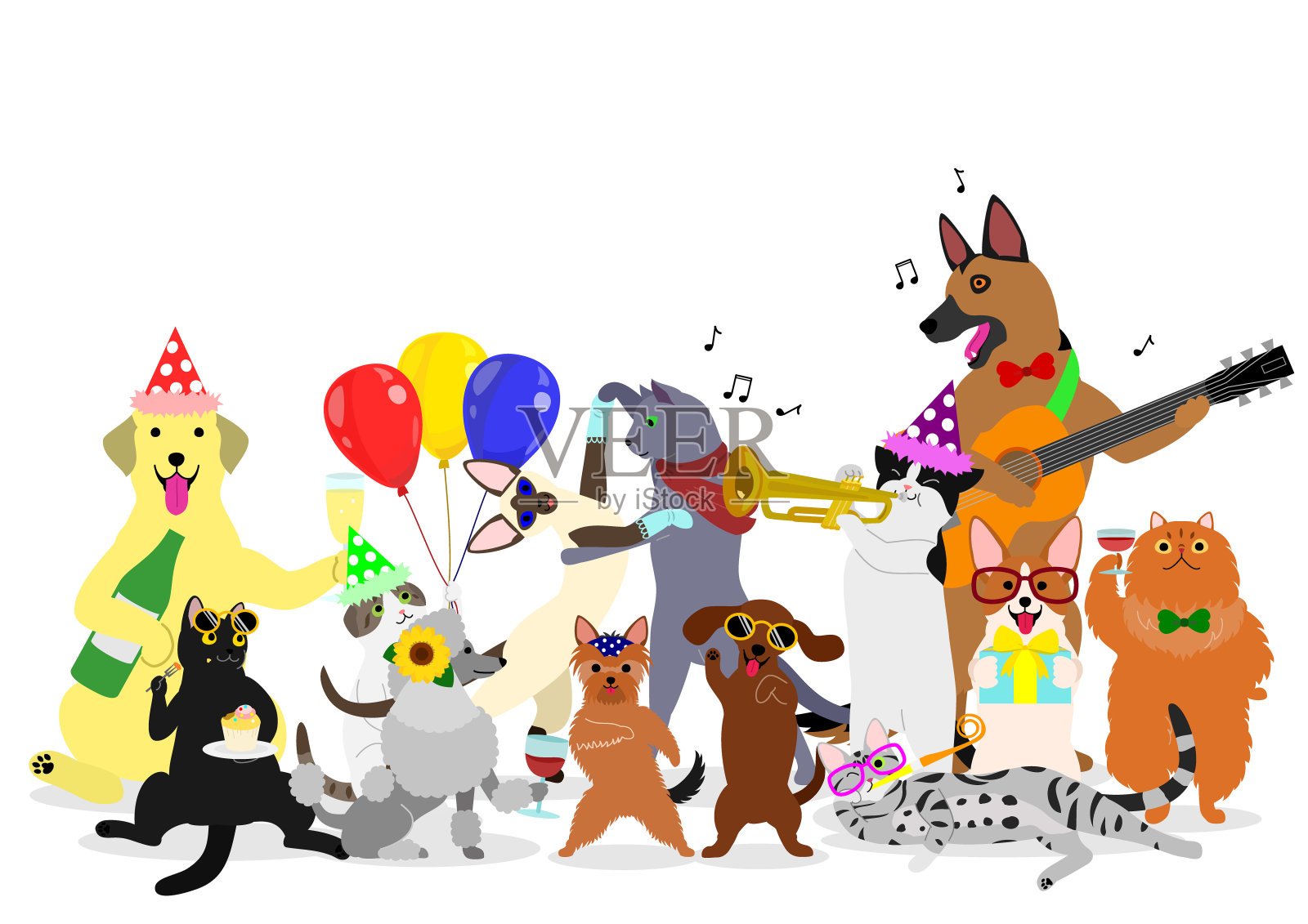 派对猫和狗群插画图片素材