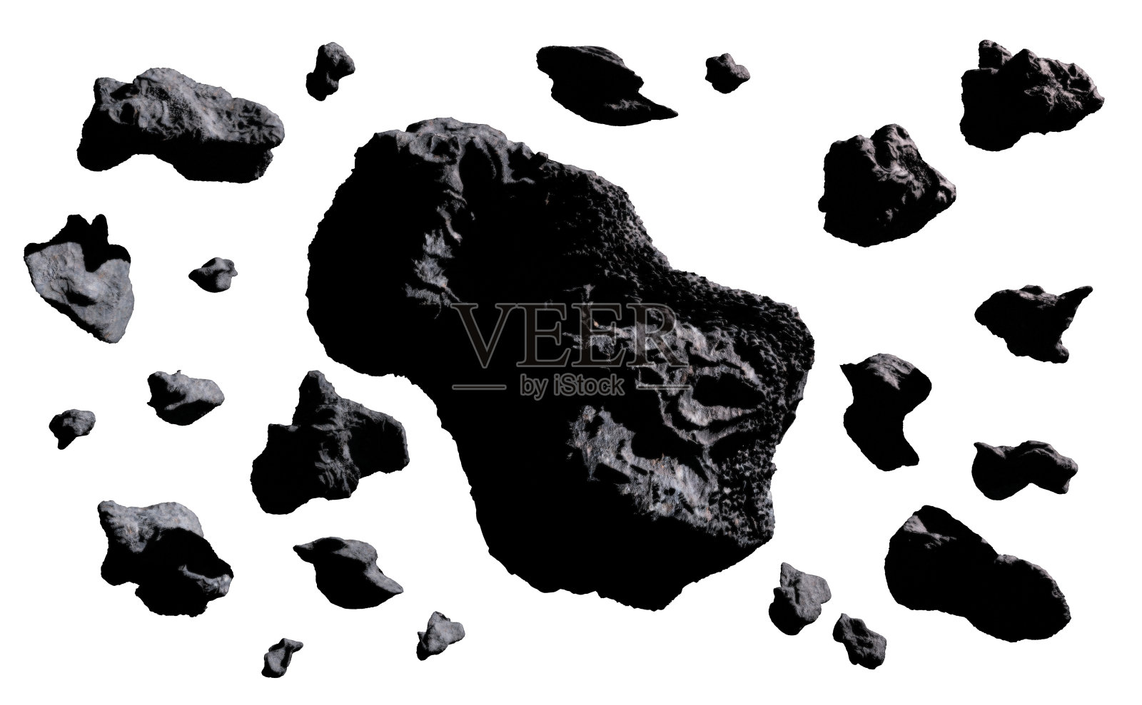 一群孤立的小行星在白色背景(3d插图)照片摄影图片
