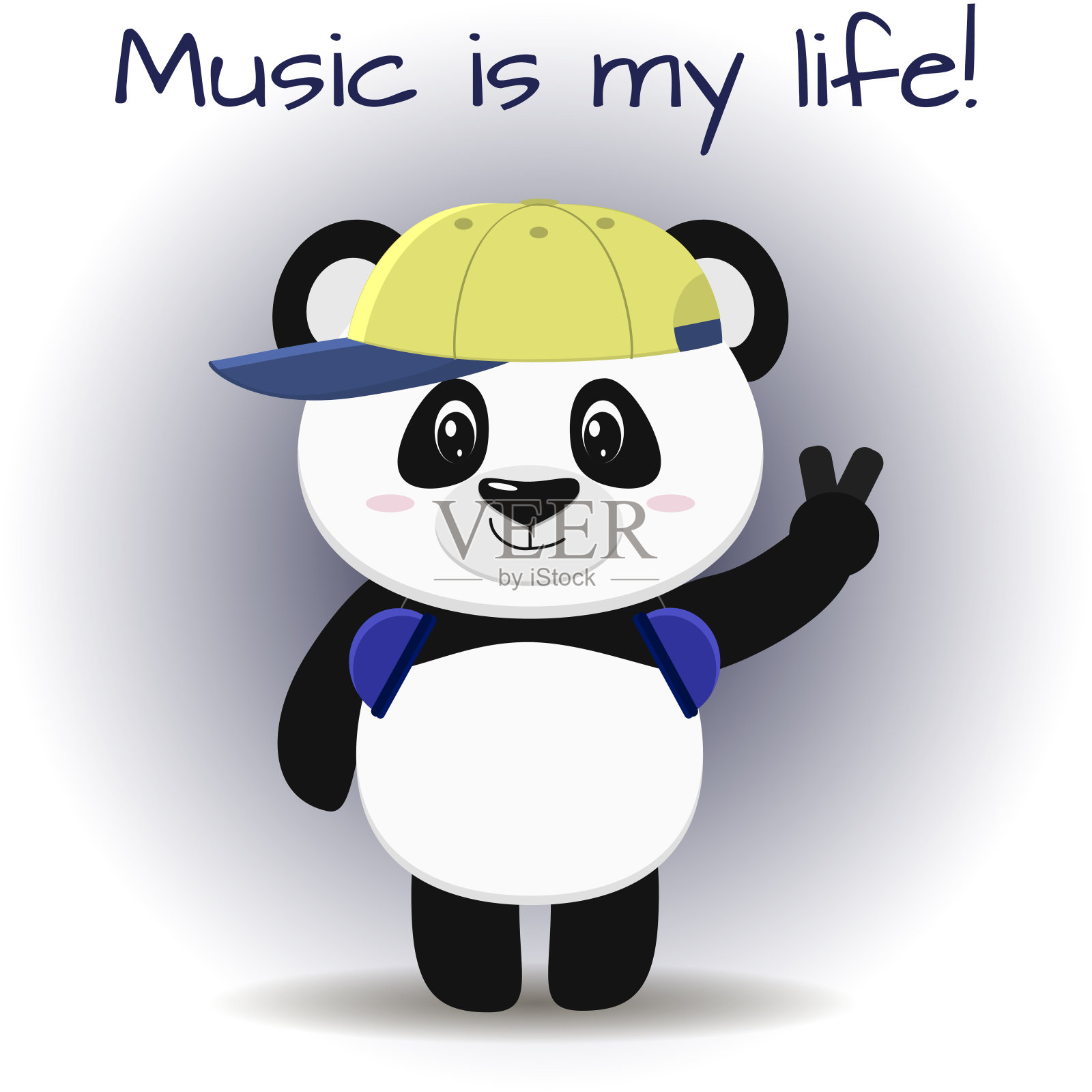 戴着棒球帽和耳机的熊猫音乐家举起手站在那里，很有卡通的风格插画图片素材