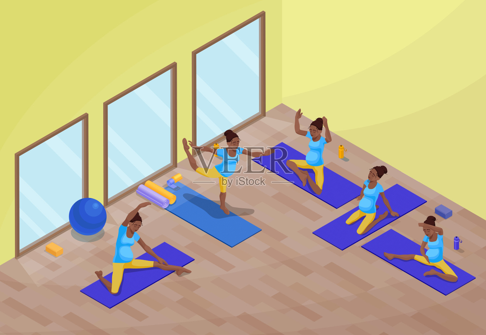 瑜伽班室内与非洲孕妇做身体健康锻炼，等角三维矢量插图与运动训练，放松和冥想姿势收集插画图片素材